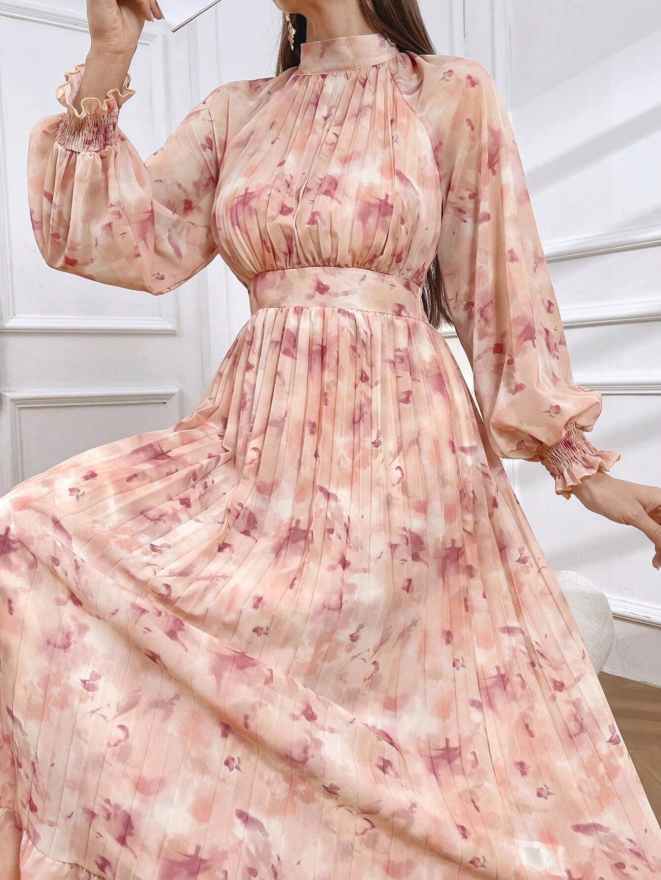 shein pink floral dress SHEIN Baby Pink Floral Print Midi Dress Women's Wedding Guest Cocktail Slim Fit Spaghetti Strap Slit High Waist Knitted Fabric Elegant Roman,S
