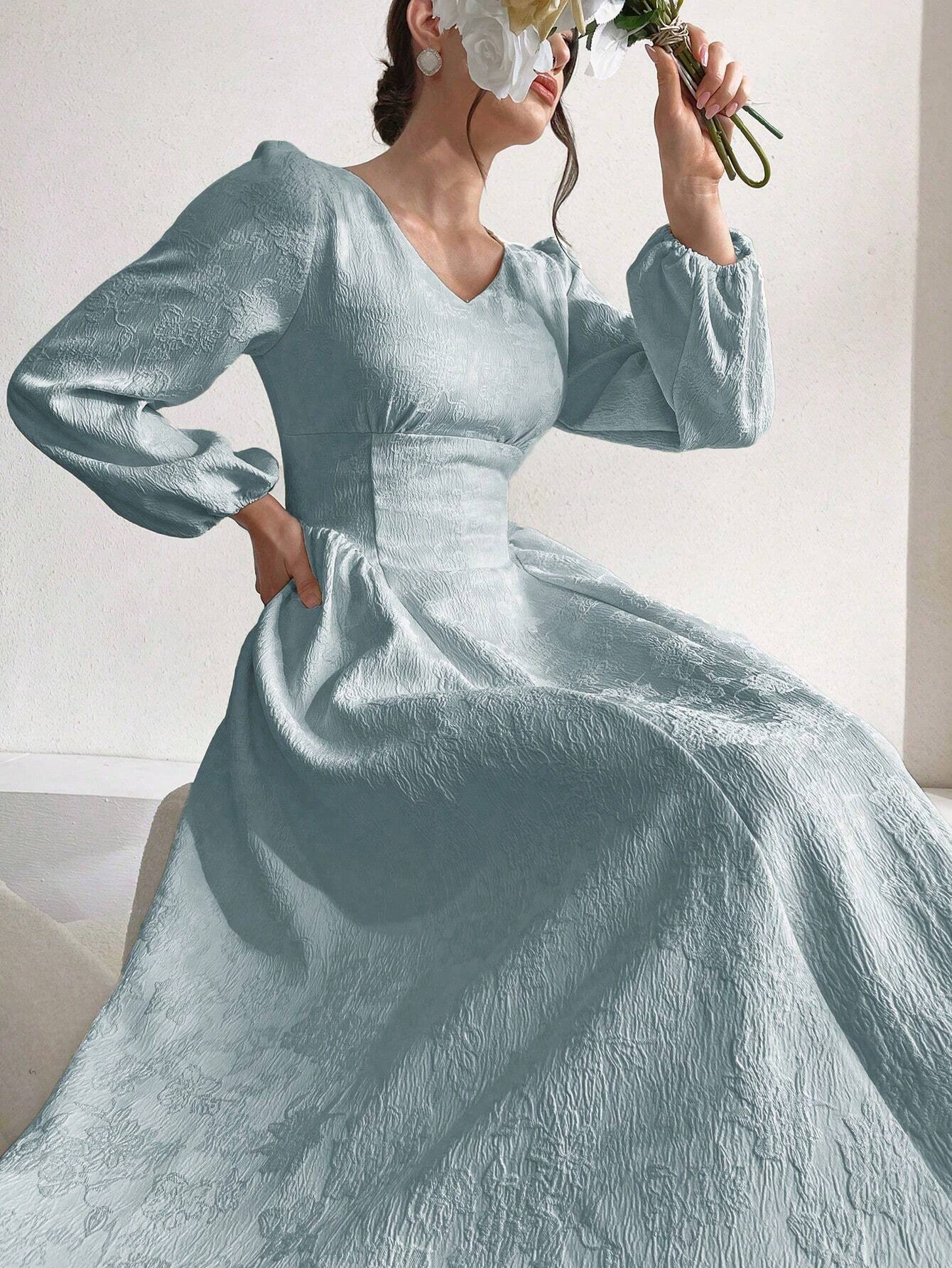  | SHEIN Modely Women Solid Color V-Neck Lantern Sleeve Jacquard Dress | Dress | Shein | OneHub