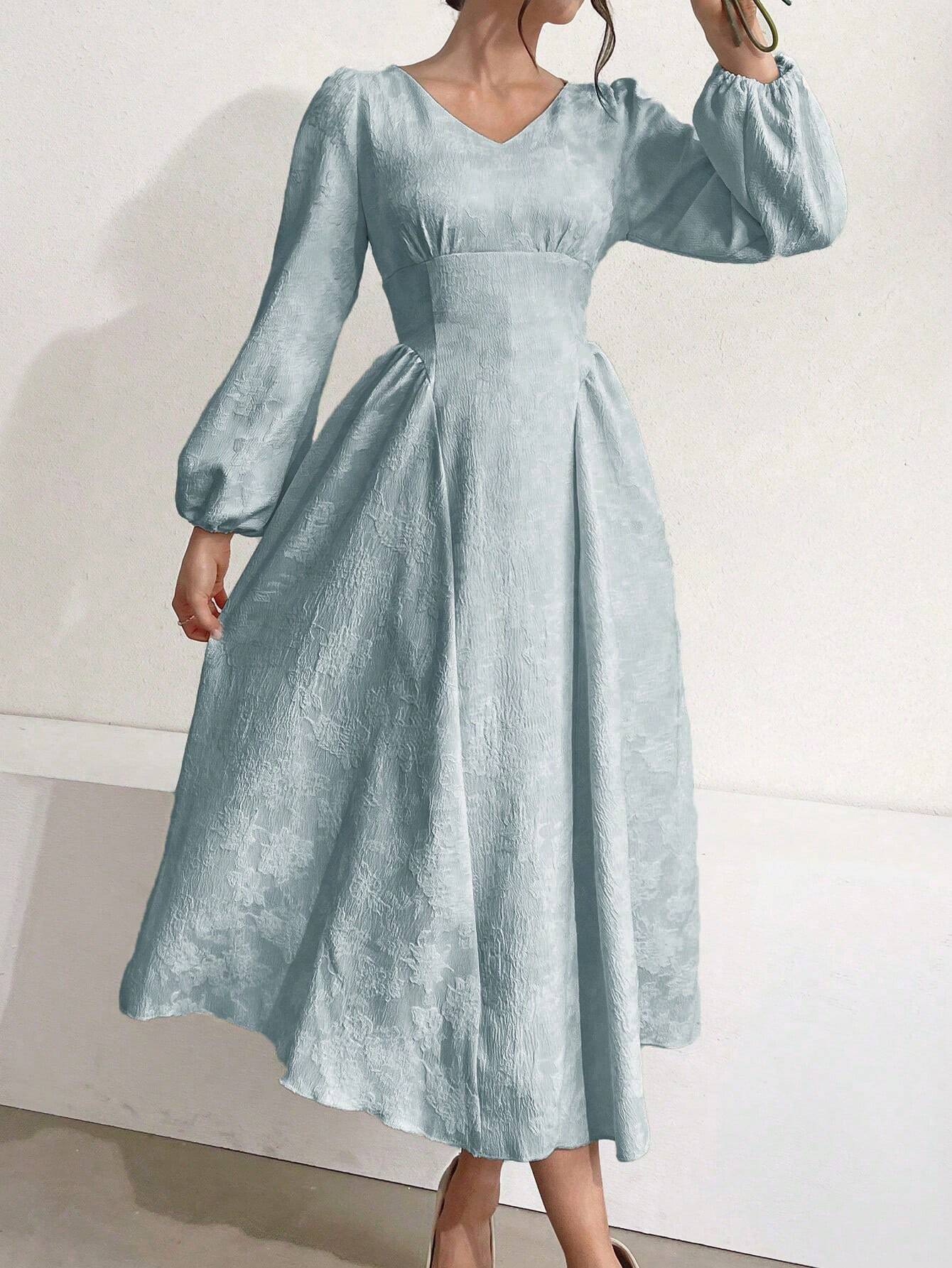  | SHEIN Modely Women Solid Color V-Neck Lantern Sleeve Jacquard Dress | Dress | Shein | OneHub