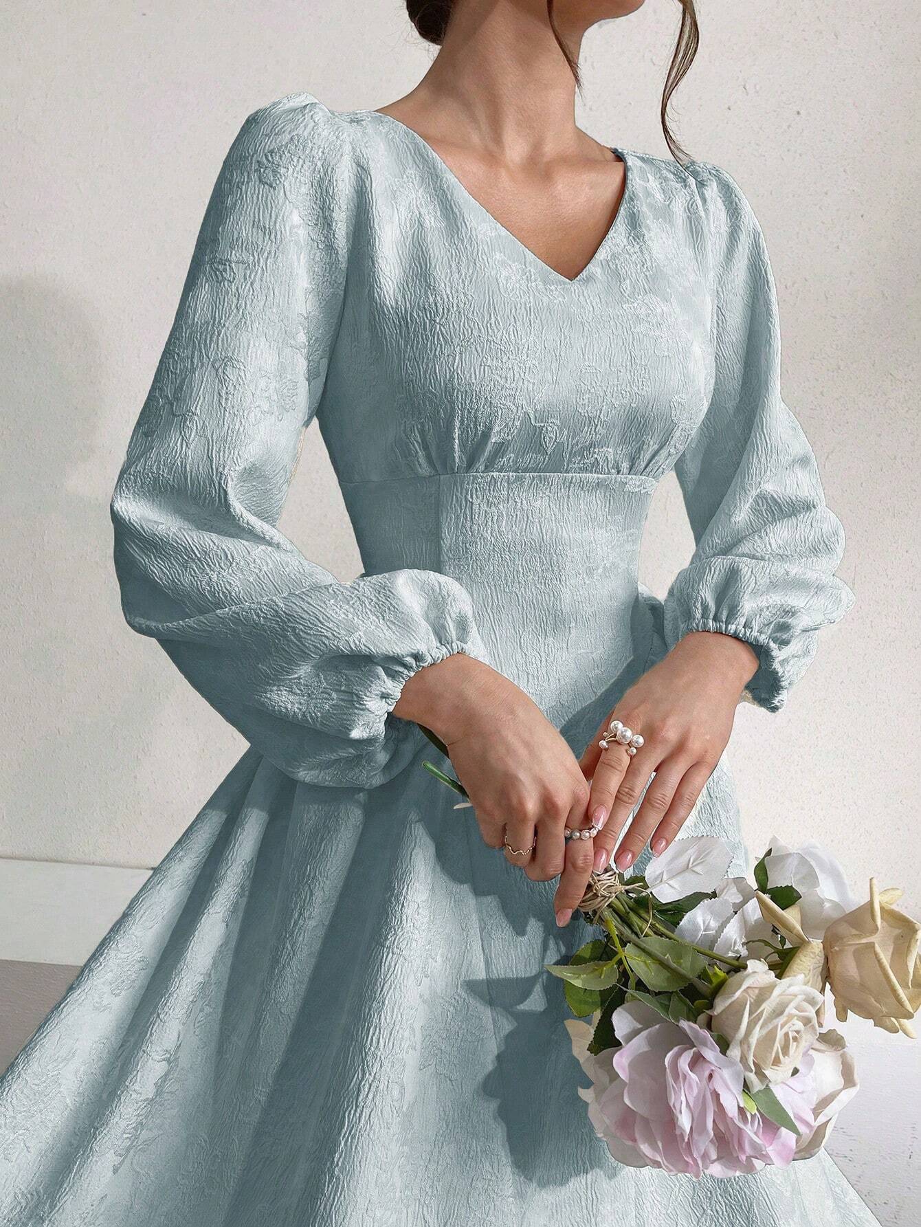  | SHEIN Modely Women Solid Color V-Neck Lantern Sleeve Jacquard Dress | Dress | Shein | OneHub