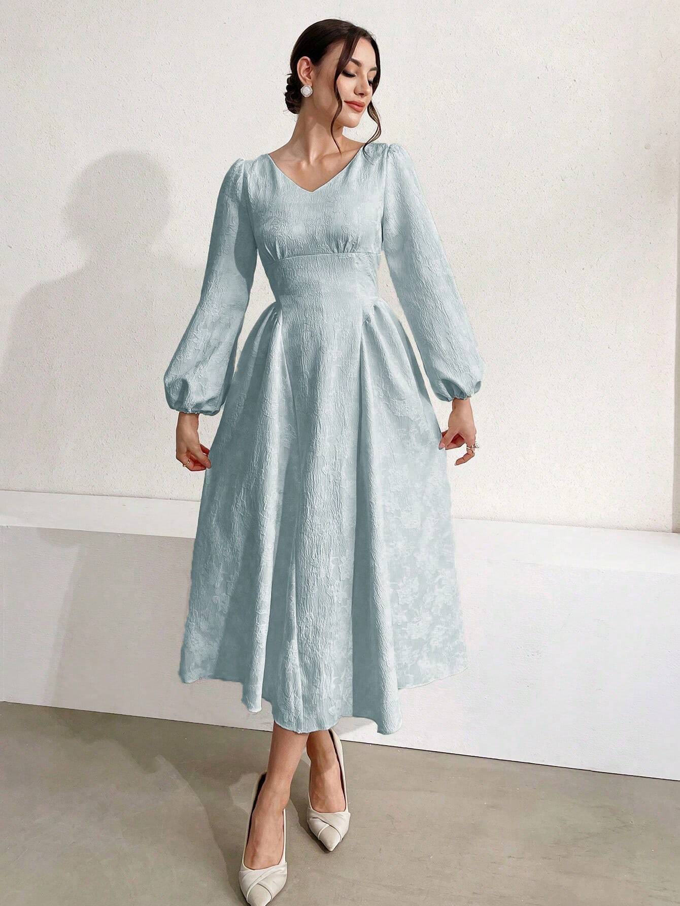  | SHEIN Modely Women Solid Color V-Neck Lantern Sleeve Jacquard Dress | Dress | Shein | OneHub