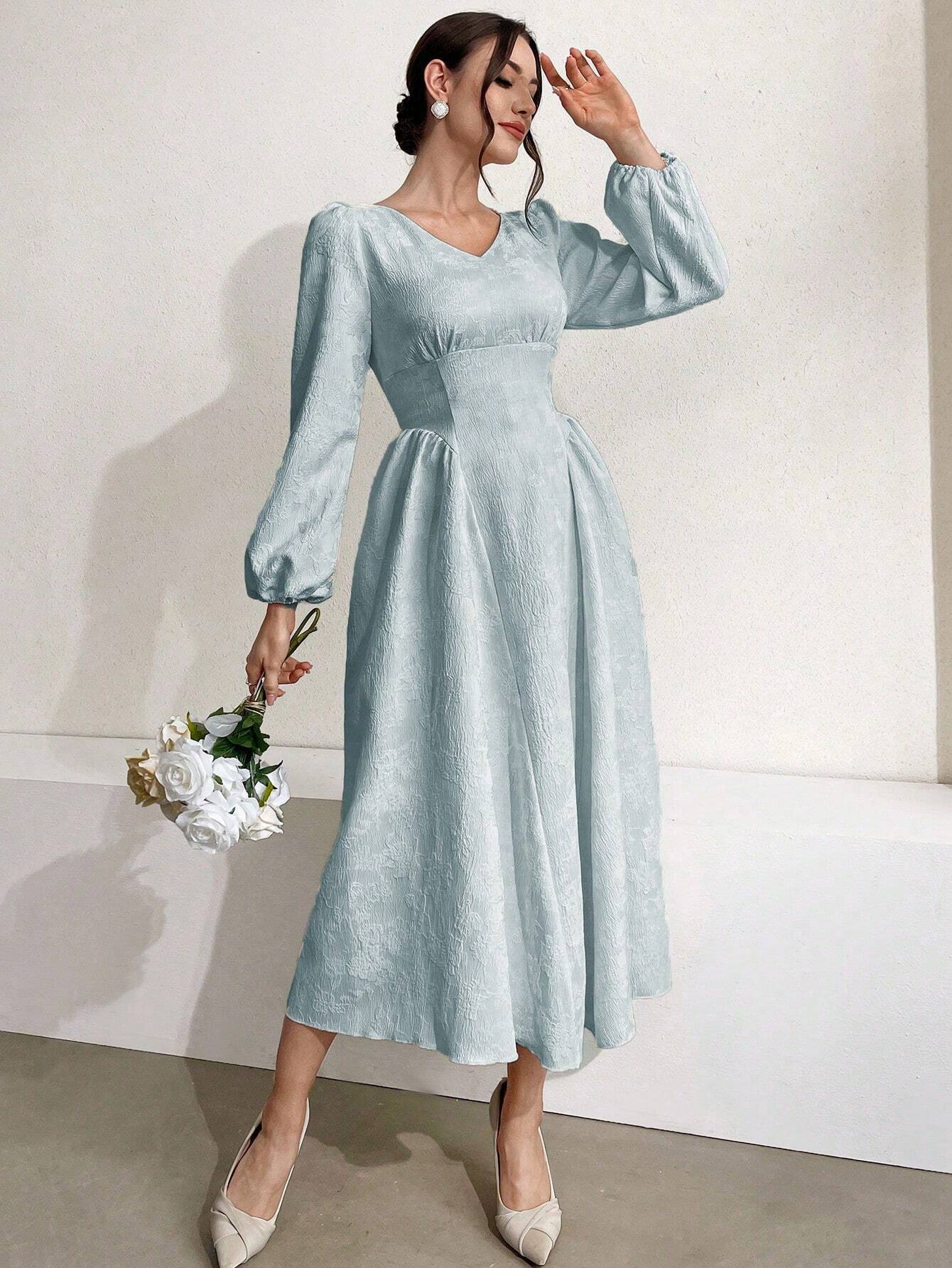  | SHEIN Modely Women Solid Color V-Neck Lantern Sleeve Jacquard Dress | Dress | Shein | OneHub