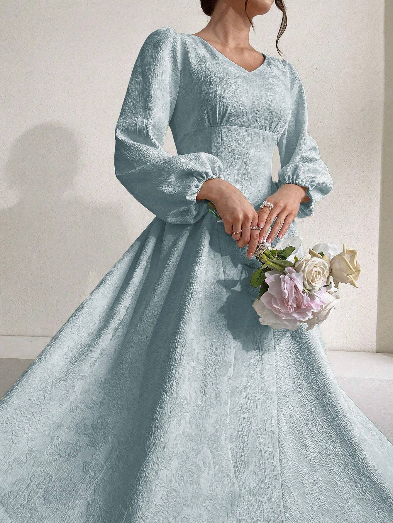  | SHEIN Modely Women Solid Color V-Neck Lantern Sleeve Jacquard Dress | Dress | Shein | OneHub