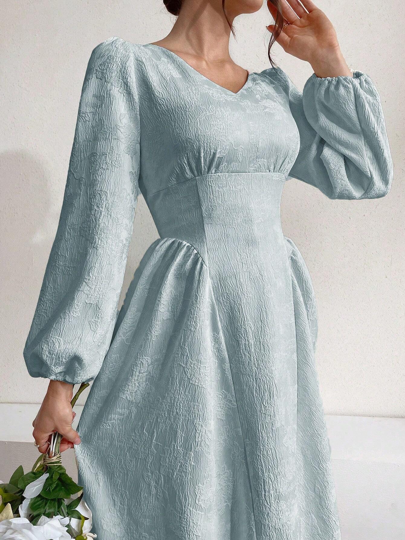  | SHEIN Modely Women Solid Color V-Neck Lantern Sleeve Jacquard Dress | Dress | Shein | OneHub