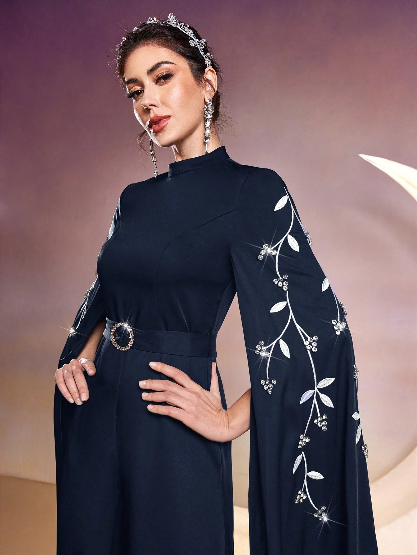  | SHEIN Modely Women Stand Collar Plant Embroidery Rhinestone Decor Ultra-Long Sleeve Wide-Leg Elegant Jumpsuit | Jumpsuit | Shein | OneHub