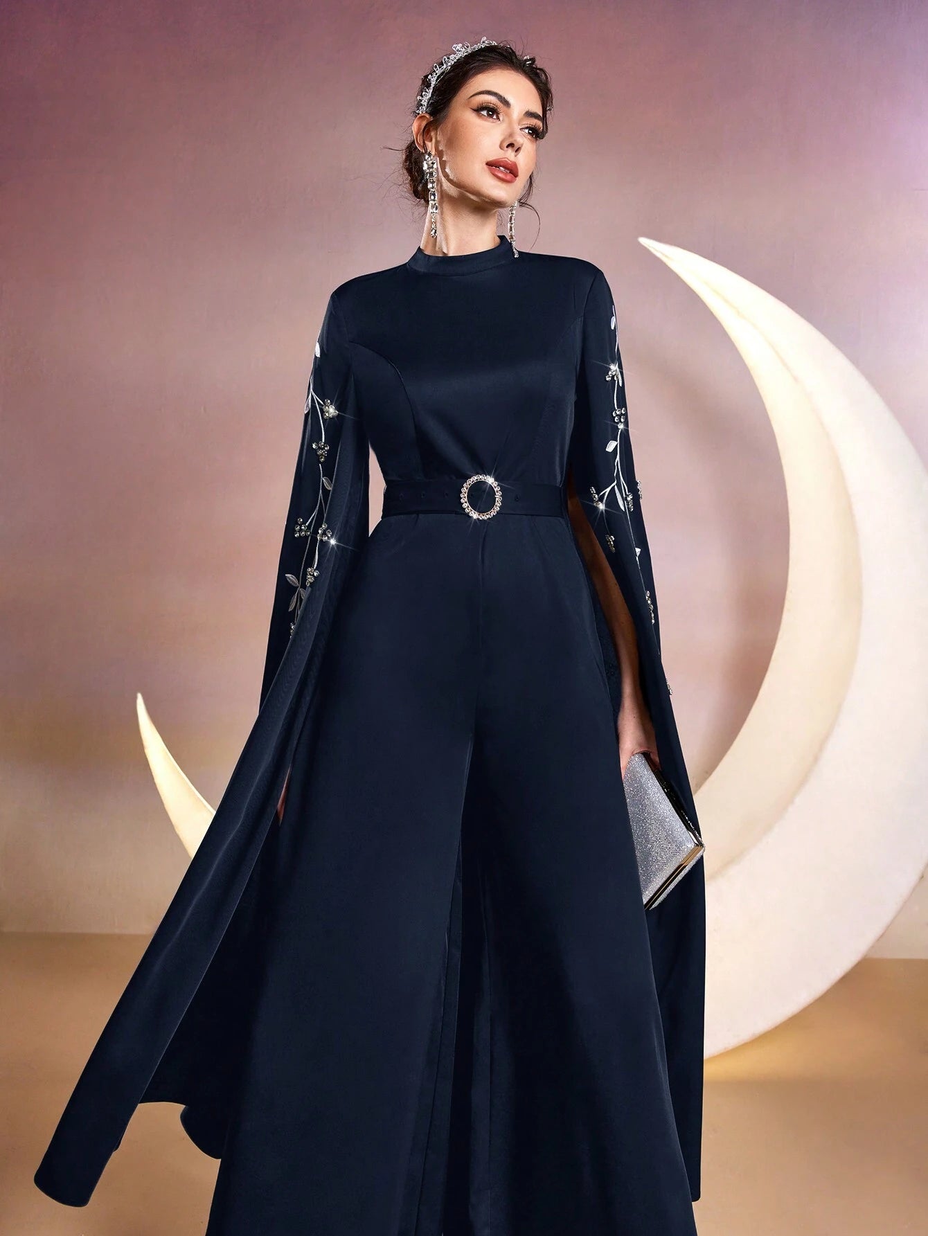  | SHEIN Modely Women Stand Collar Plant Embroidery Rhinestone Decor Ultra-Long Sleeve Wide-Leg Elegant Jumpsuit | Jumpsuit | Shein | OneHub