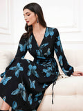  | SHEIN Modely Women's Butterfly Print Lantern Sleeve Wrap Tie Dress | Dress | Shein | OneHub