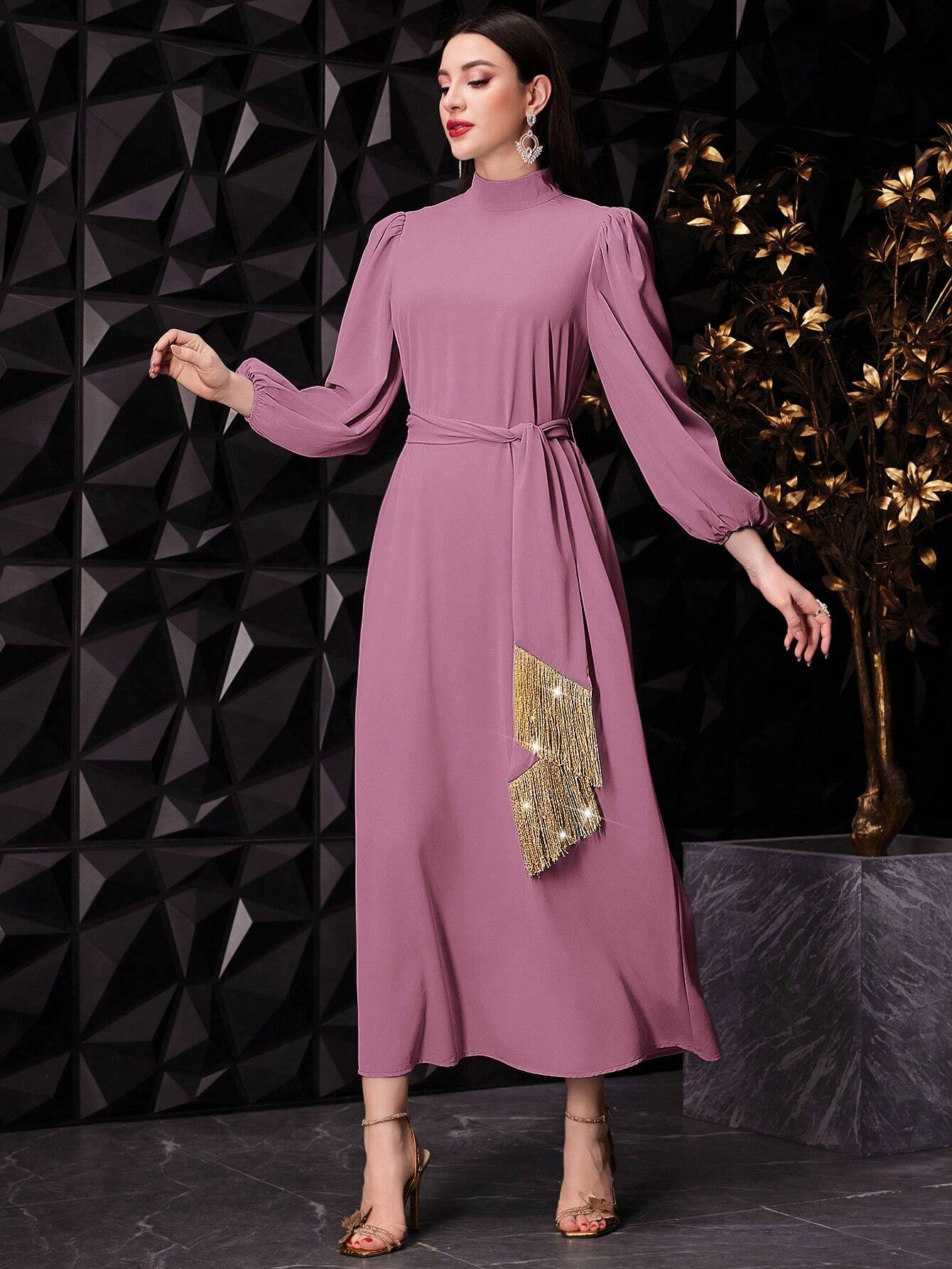 shein ladies elegant dresses SHEIN Aqua Blue Jacquard Long Dress Wedding Guest Women Maxi Summer Party Formal Gowns Round Neck Waist Cinched Puff Sleeve Flared Hem A-Lin,L