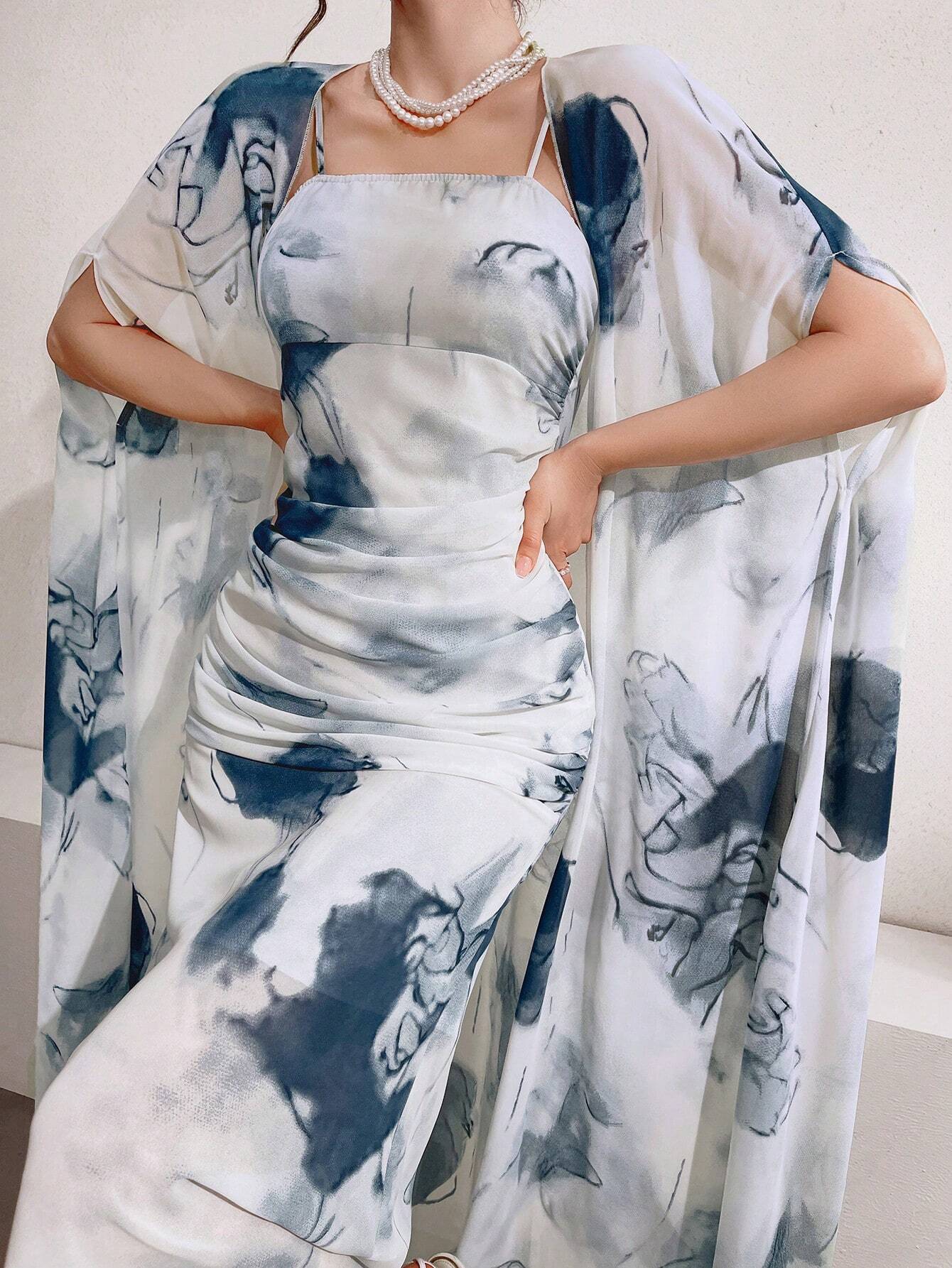  | SHEIN Modely Women's Ink Printed Spaghetti Strap Dress And Jacket Two Piece Set | Dress | Shein | OneHub