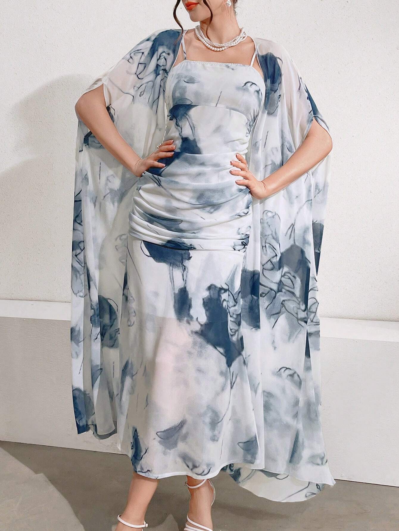  | SHEIN Modely Women's Ink Printed Spaghetti Strap Dress And Jacket Two Piece Set | Dress | Shein | OneHub