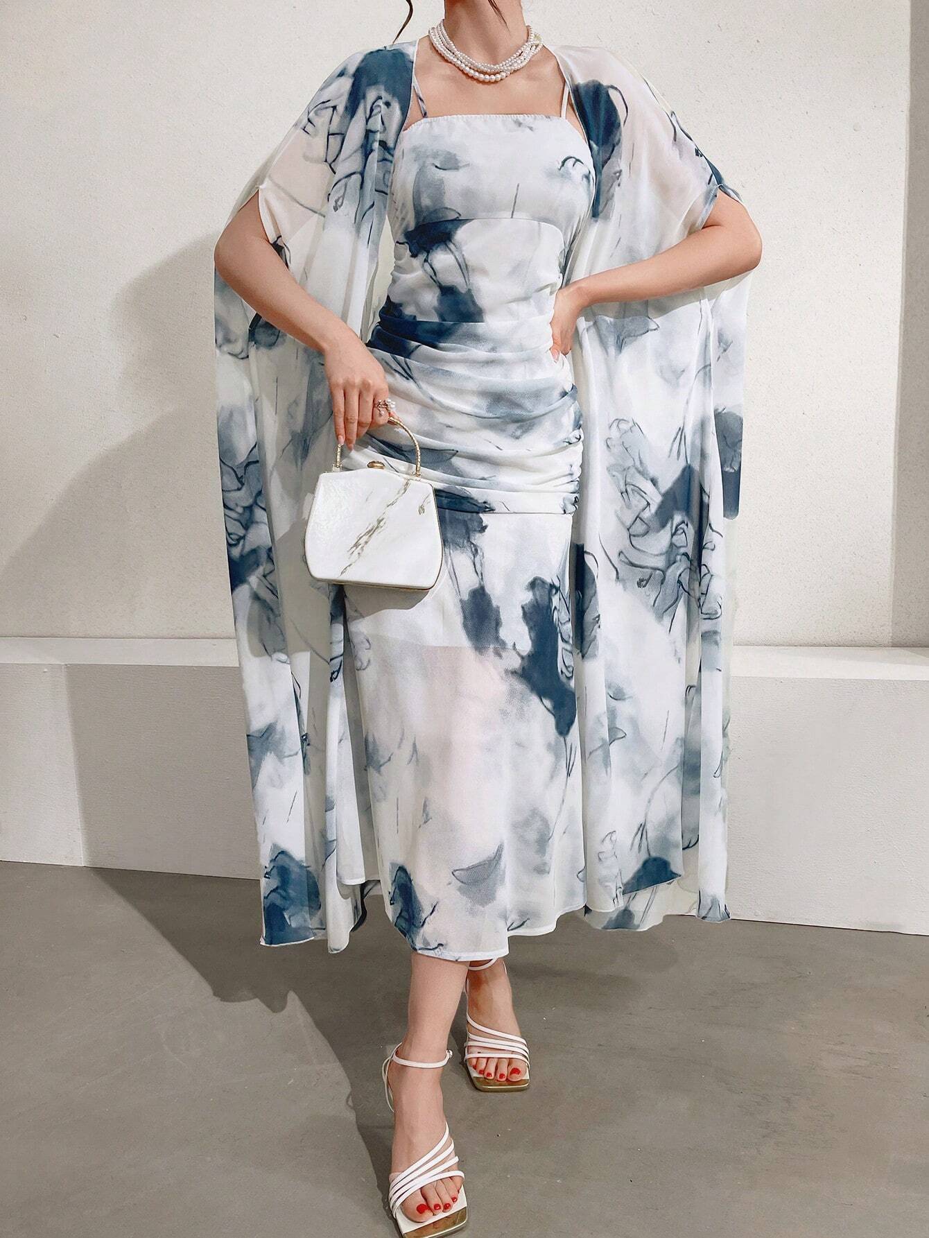  | SHEIN Modely Women's Ink Printed Spaghetti Strap Dress And Jacket Two Piece Set | Dress | Shein | OneHub