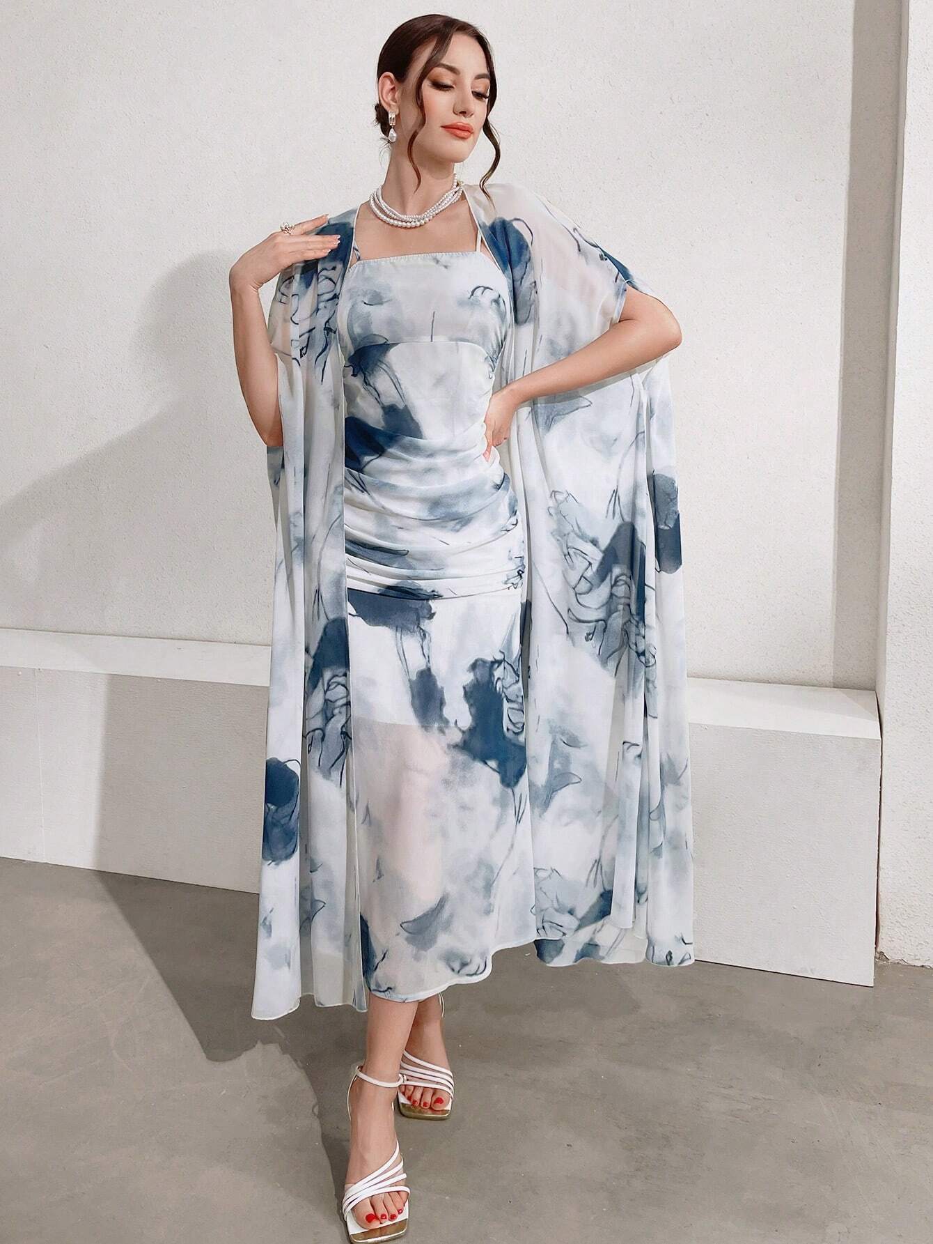  | SHEIN Modely Women's Ink Printed Spaghetti Strap Dress And Jacket Two Piece Set | Dress | Shein | OneHub