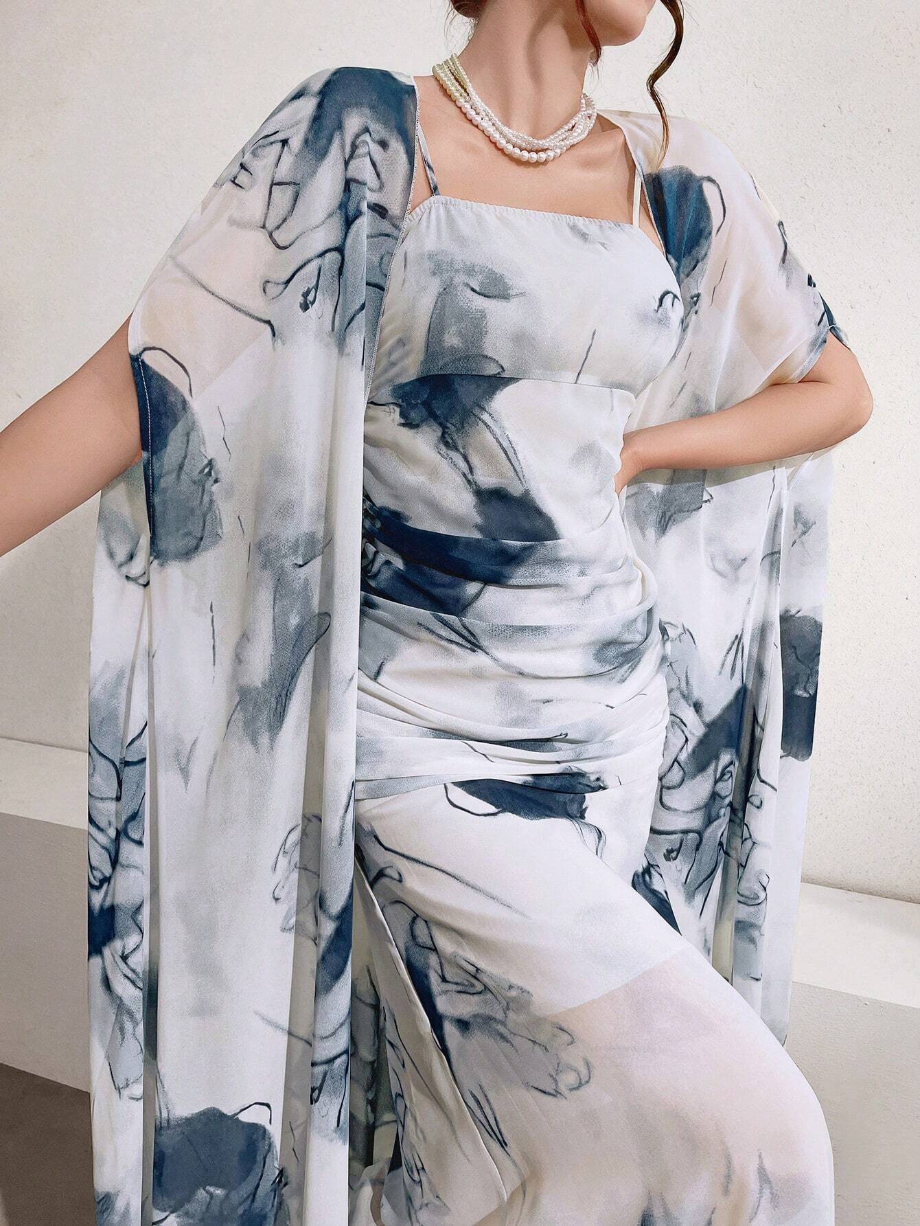  | SHEIN Modely Women's Ink Printed Spaghetti Strap Dress And Jacket Two Piece Set | Dress | Shein | OneHub