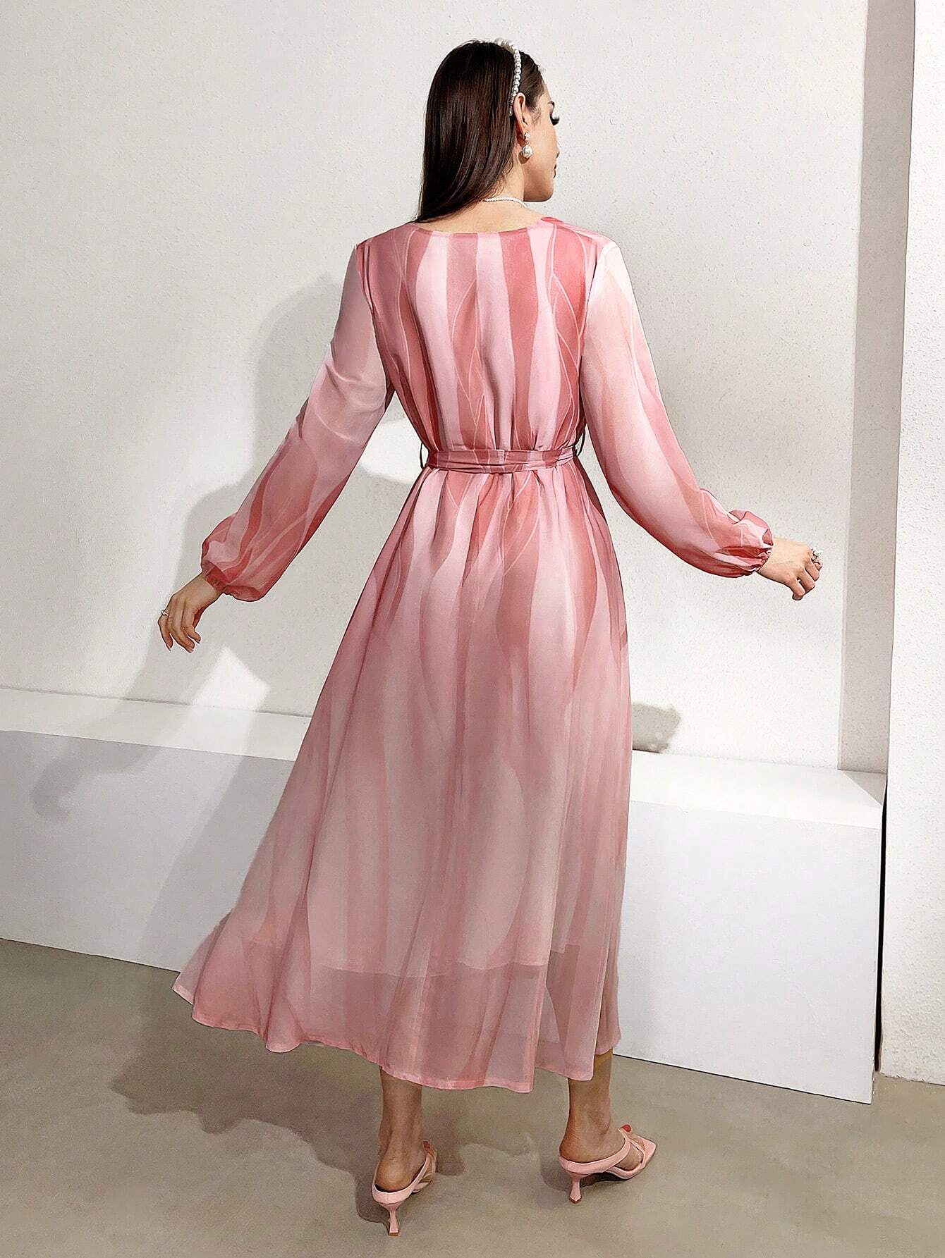  | SHEIN Modely Women's Lantern Sleeve Wrap Neck Belted Dress | Dress | Shein | OneHub