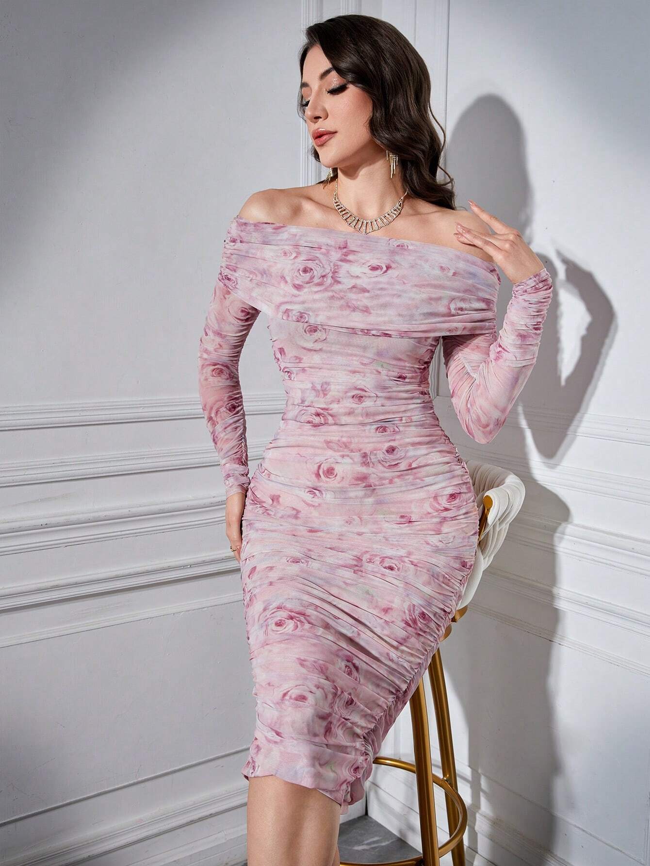  | SHEIN Modely Women's Off-Shoulder Floral Pattern Fitted Dress With Ruffles | Dress | Shein | OneHub