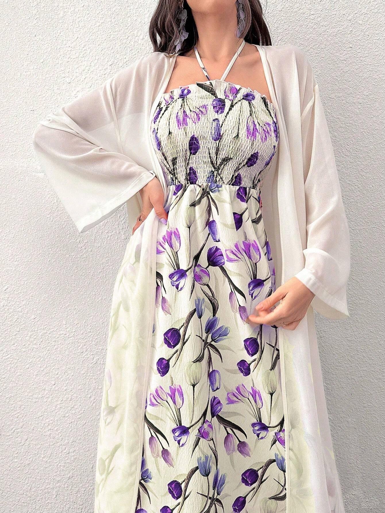  | SHEIN Modely Women's Printed Mesh Shawl Jacket And Neck-Hanging Dress Two-Piece Set | Dress | Shein | OneHub