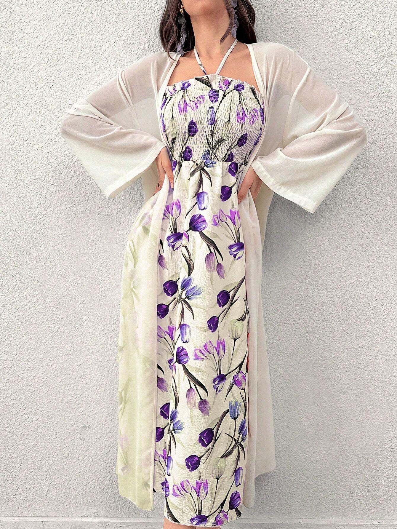  | SHEIN Modely Women's Printed Mesh Shawl Jacket And Neck-Hanging Dress Two-Piece Set | Dress | Shein | OneHub