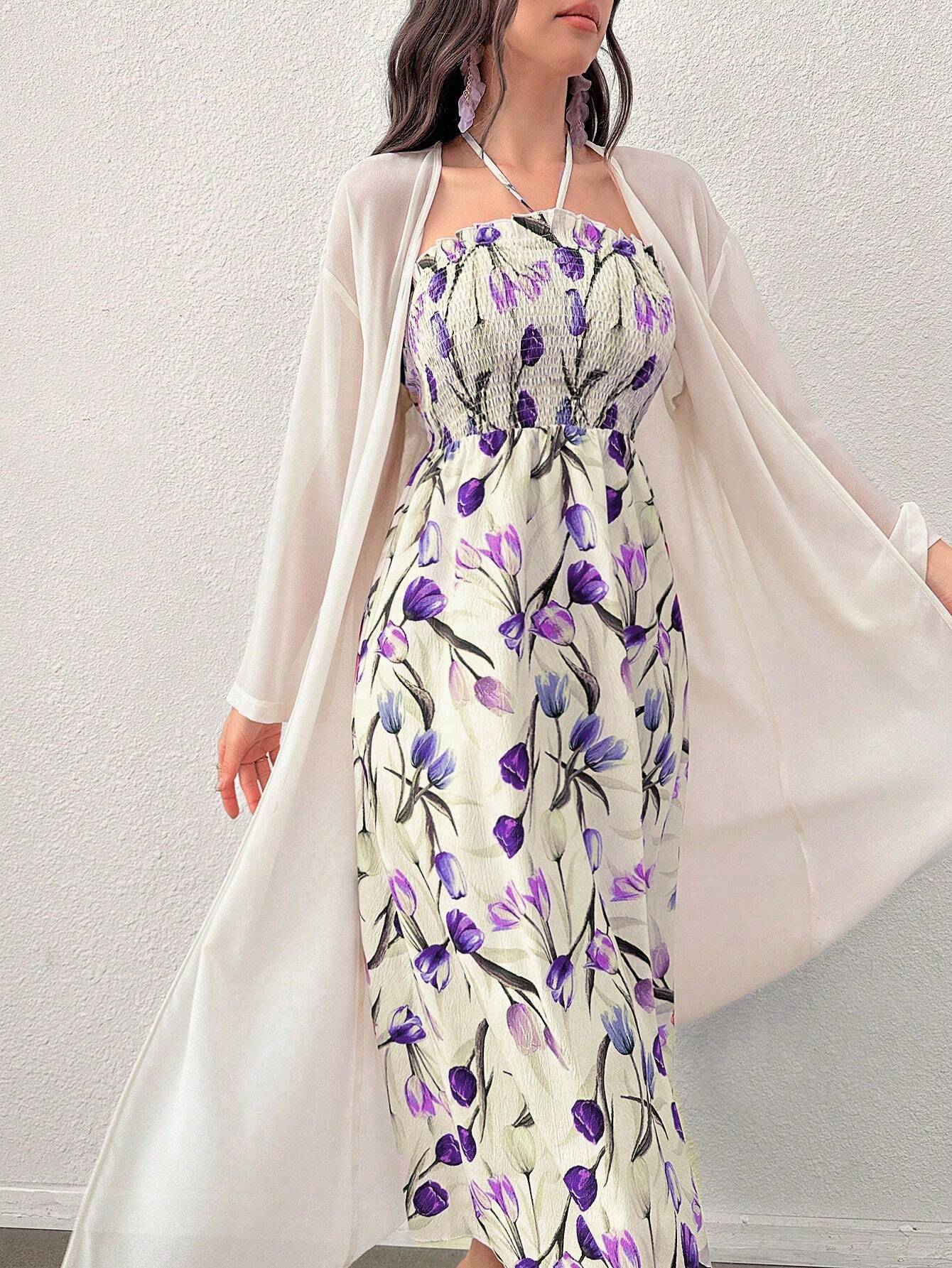  | SHEIN Modely Women's Printed Mesh Shawl Jacket And Neck-Hanging Dress Two-Piece Set | Dress | Shein | OneHub