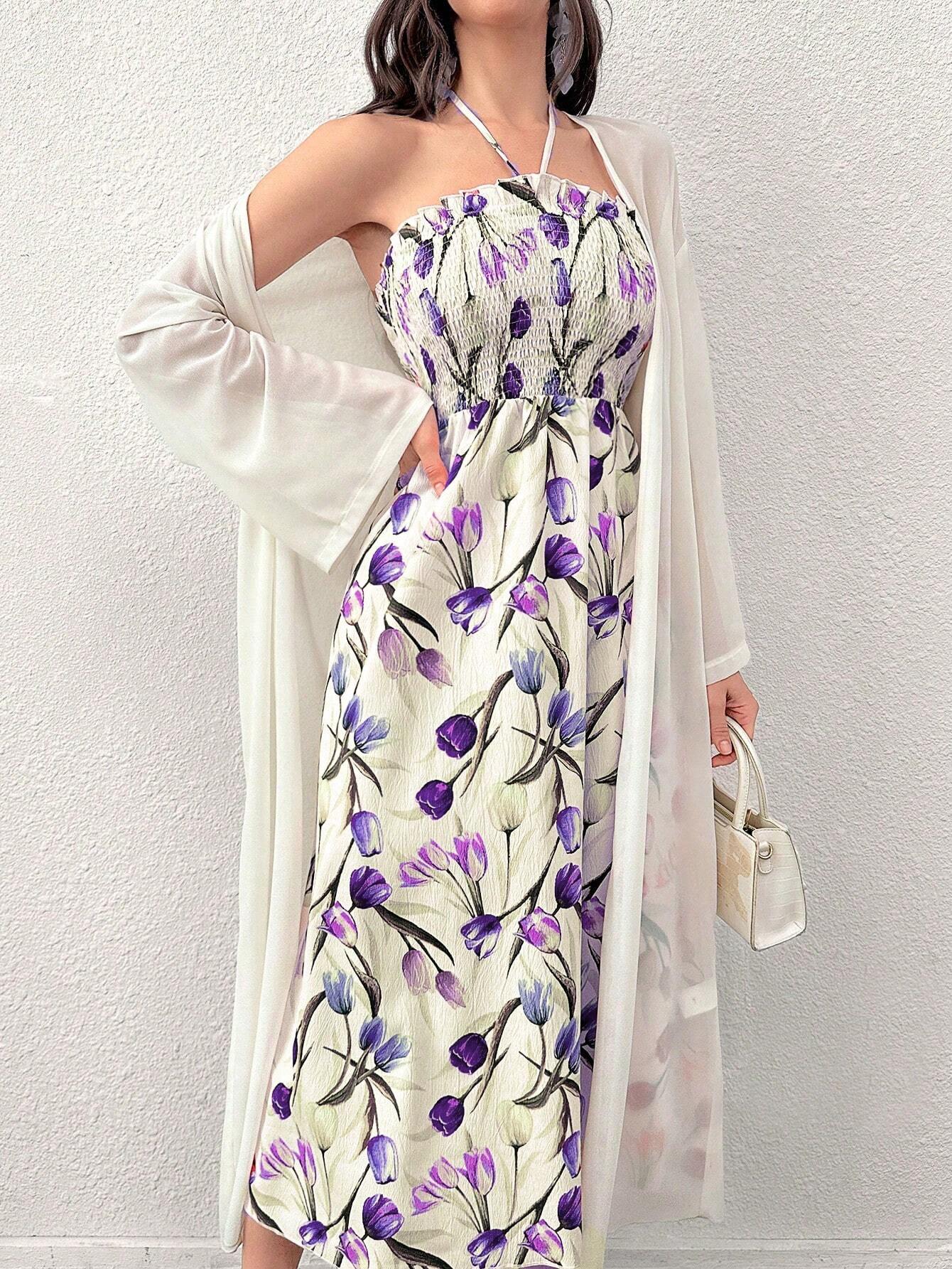  | SHEIN Modely Women's Printed Mesh Shawl Jacket And Neck-Hanging Dress Two-Piece Set | Dress | Shein | OneHub