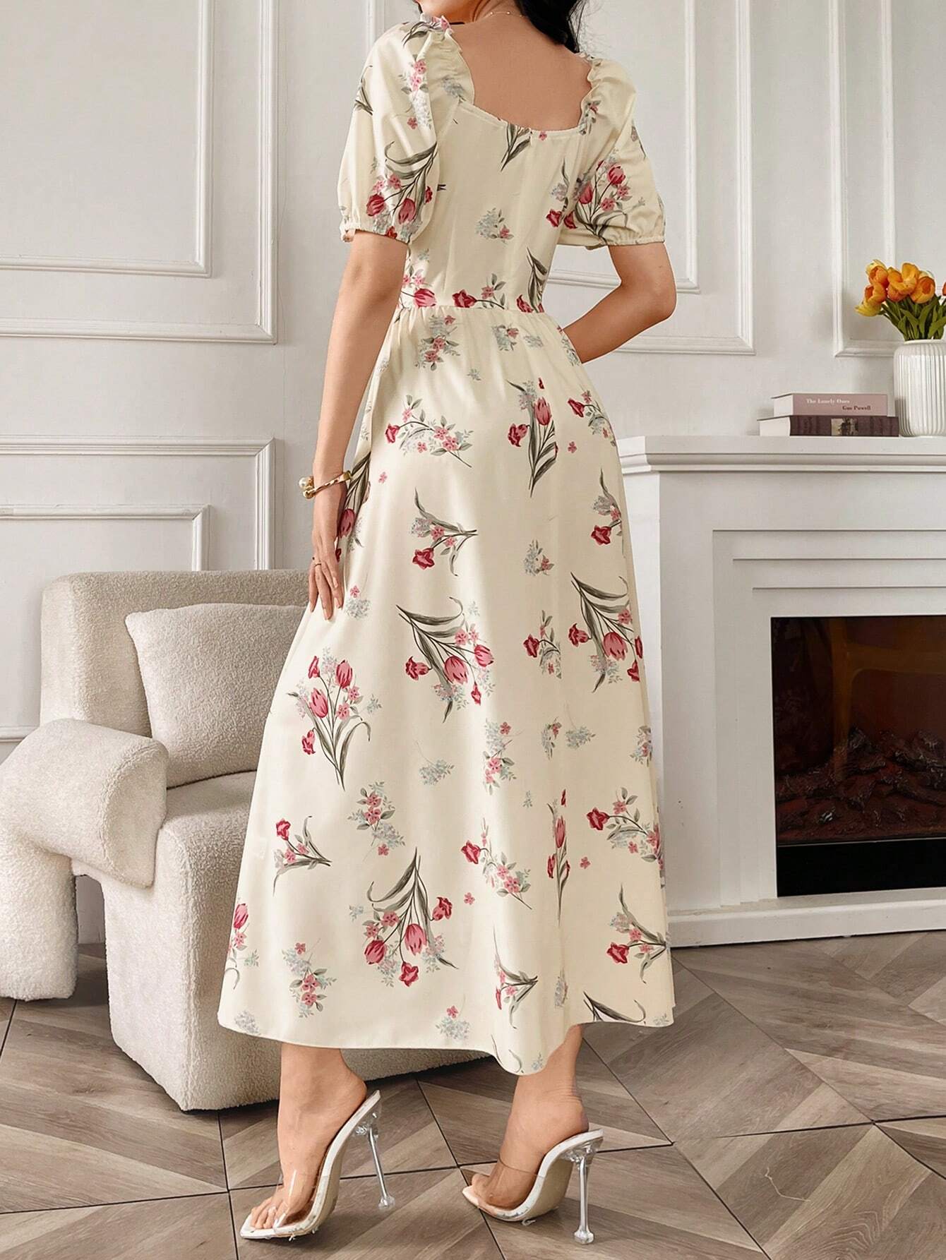 SHEIN Modely Women's Random Printed Simple Everyday Dress With Square | Dress SHEIN Modely Women's Random Printed Simple Everyday Dress With Square | Dress