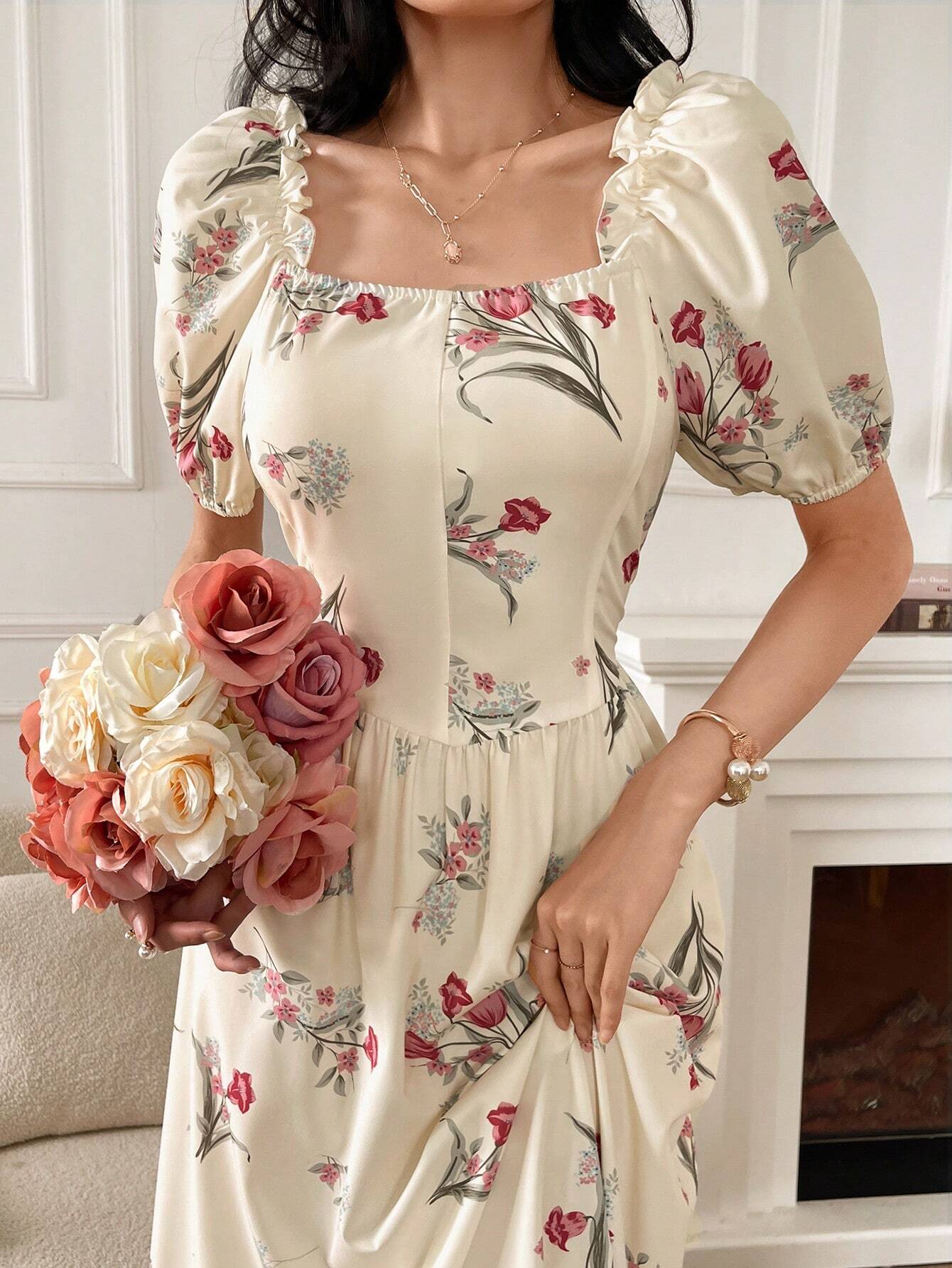  | SHEIN Modely Women's Random Printed Simple Everyday Dress With Square Neckline And Short Sleeves Maxi Women Outfit Long Evening Dresses | Dress | Shein | OneHub