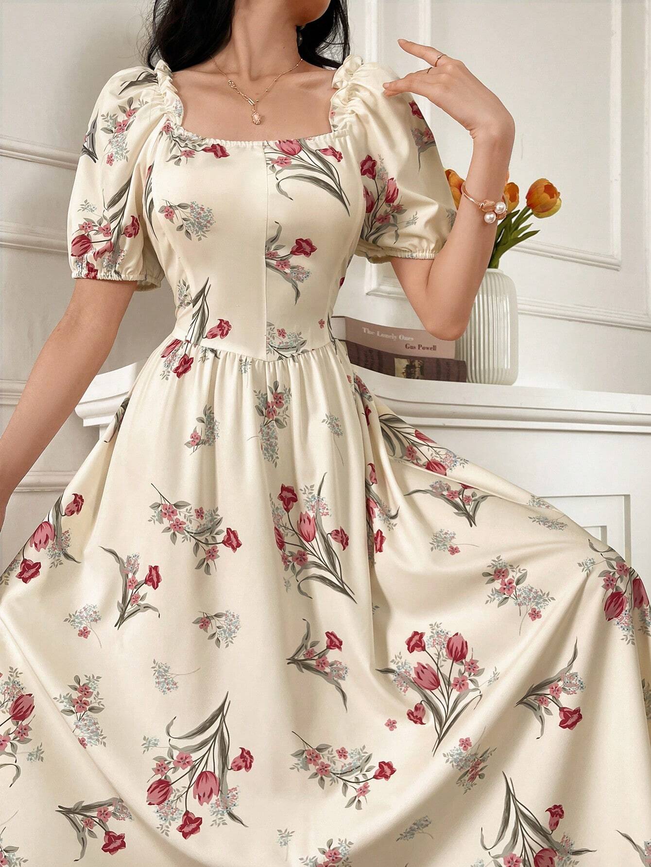  | SHEIN Modely Women's Random Printed Simple Everyday Dress With Square Neckline And Short Sleeves Maxi Women Outfit Long Evening Dresses | Dress | Shein | OneHub