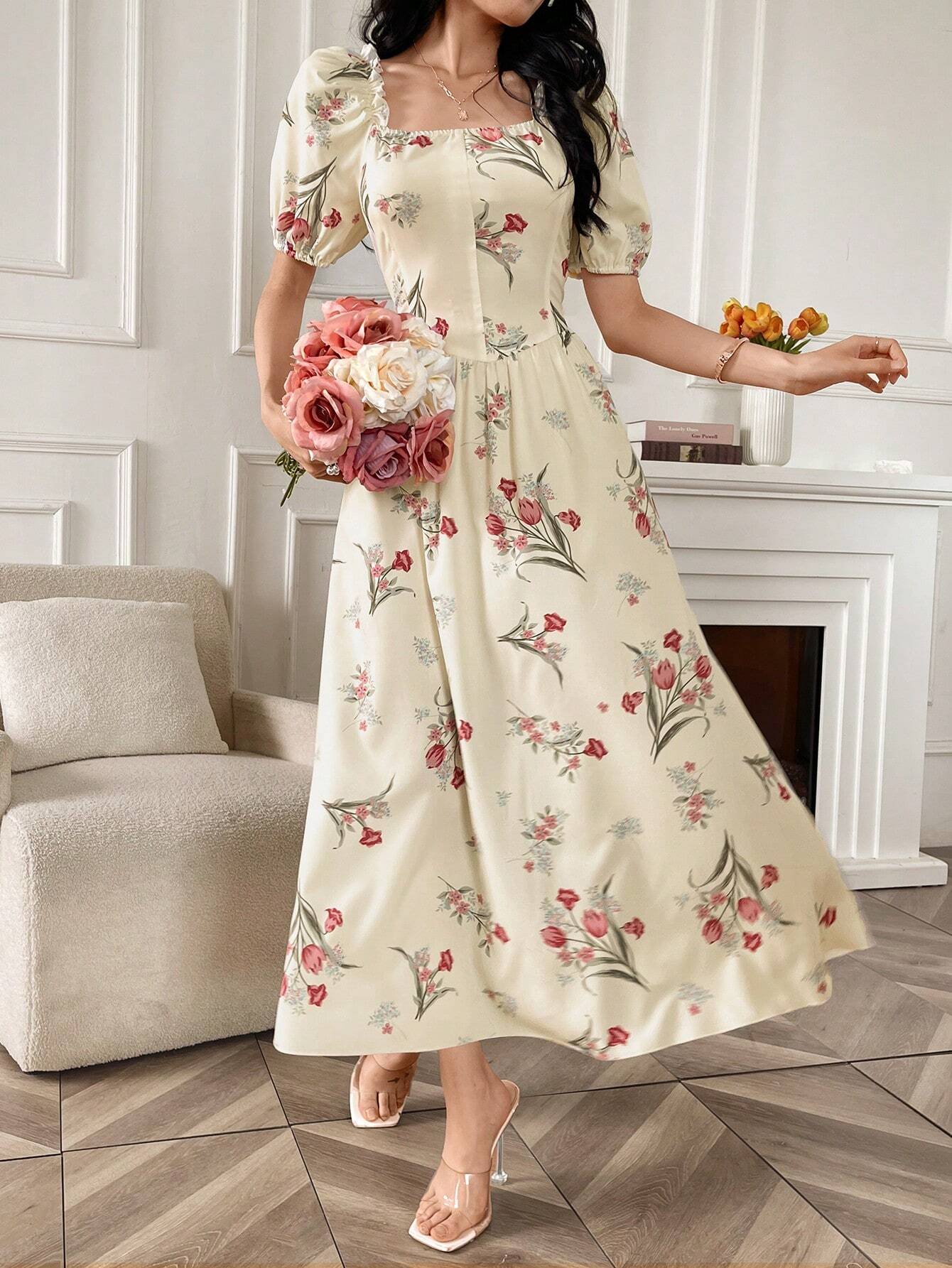 SHEIN Modely Women's Random Printed Simple Everyday Dress With Square | Dress SHEIN Modely Women's Random Printed Simple Everyday Dress With Square | Dress