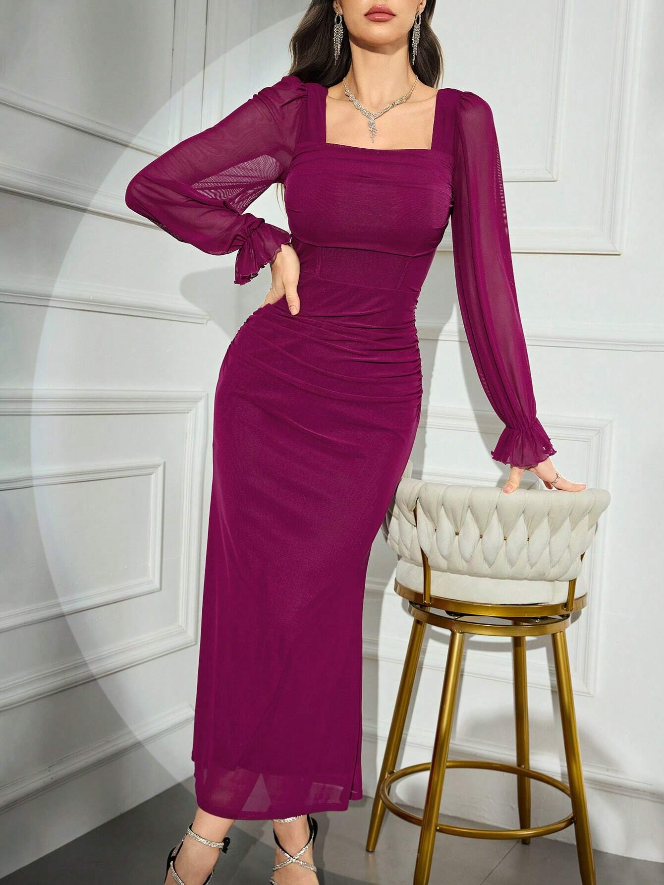  | SHEIN Modely Women's Solid Color Square Neck Long Sleeve Mesh Elegant Dress | Dress | Shein | OneHub