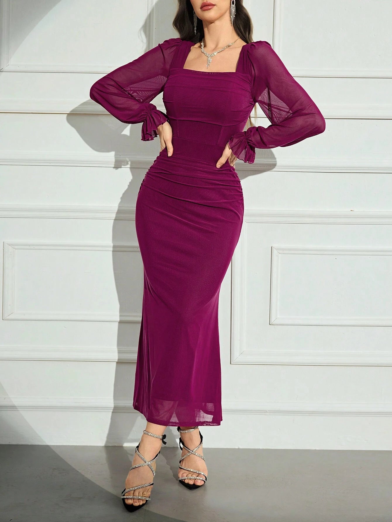  | SHEIN Modely Women's Solid Color Square Neck Long Sleeve Mesh Elegant Dress | Dress | Shein | OneHub