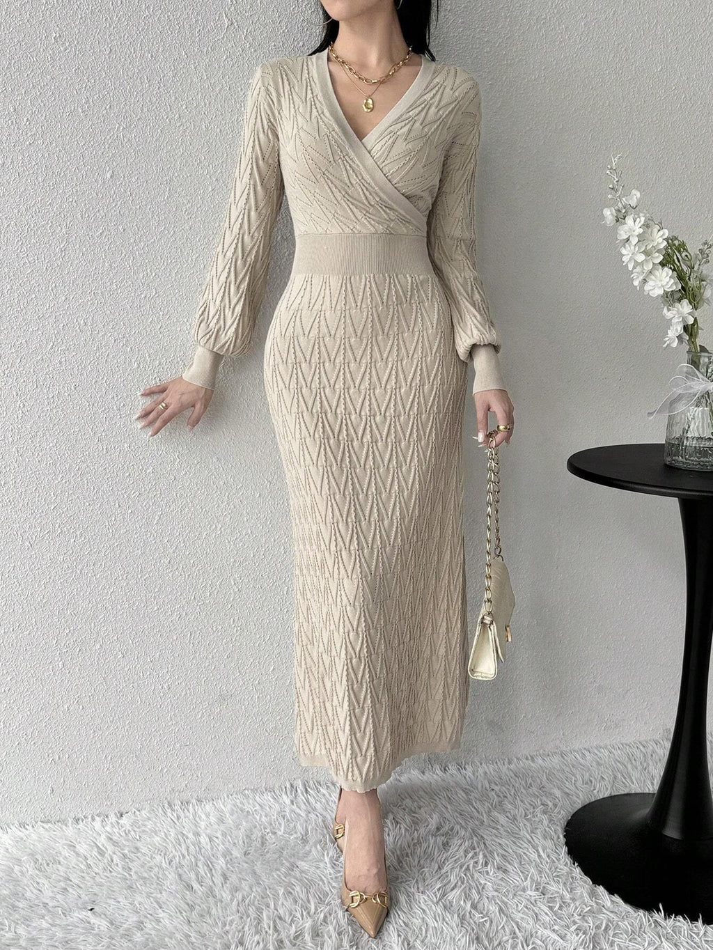 SHEIN Modely Women's Solid Color V-Neck Wrap Around Long Sleeve Sweate |  Dress