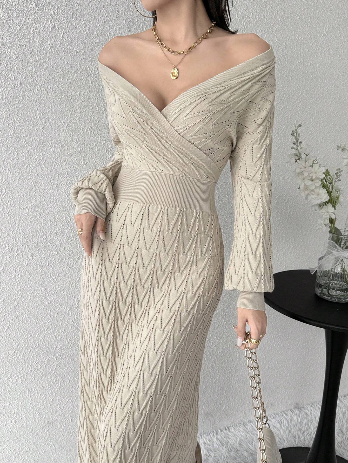  | SHEIN Modely Women's Solid Color V-Neck Wrap Around Long Sleeve Sweater Dress | Dress | Shein | OneHub