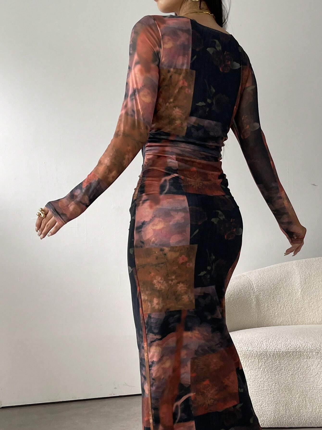 SHEIN Modely Women's Square Neck Long Sleeve Full Print Fitted Elegant | Dress