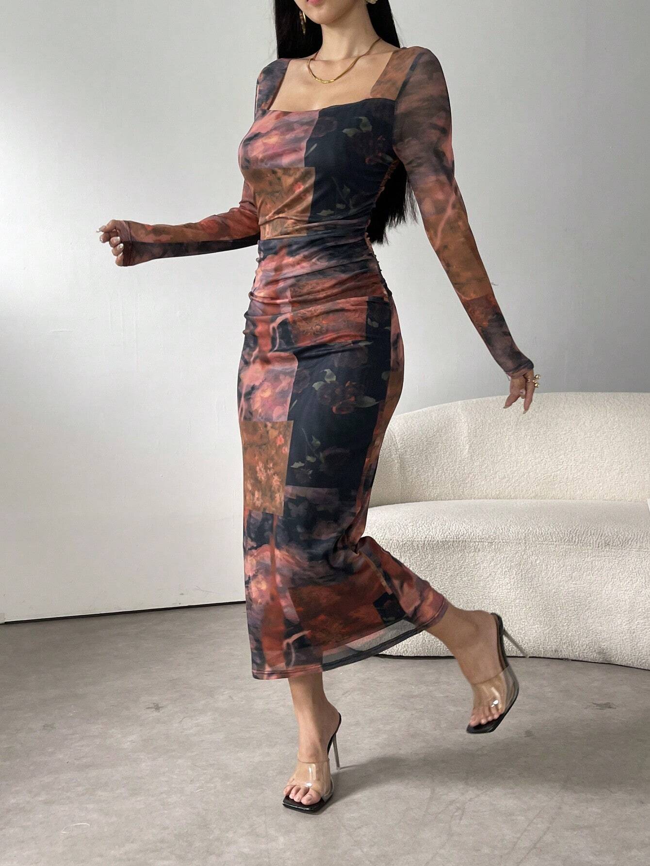  | SHEIN Modely Women's Square Neck Long Sleeve Full Print Fitted Elegant Charming Mesh Dress | Dress | Shein | OneHub