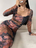  | SHEIN Modely Women's Square Neck Long Sleeve Full Print Fitted Elegant Charming Mesh Dress | Dress | Shein | OneHub