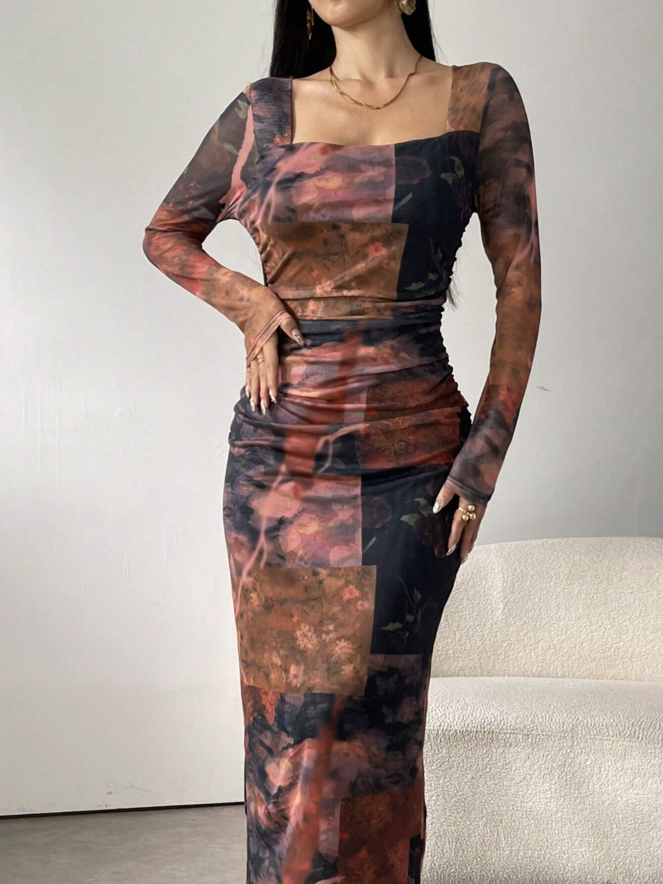 shein silk dress long sleeve SHEIN Lantern Sleeve Draped Collar Ruched Satin Bodycon Dress