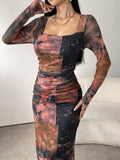  | SHEIN Modely Women's Square Neck Long Sleeve Full Print Fitted Elegant Charming Mesh Dress | Dress | Shein | OneHub
