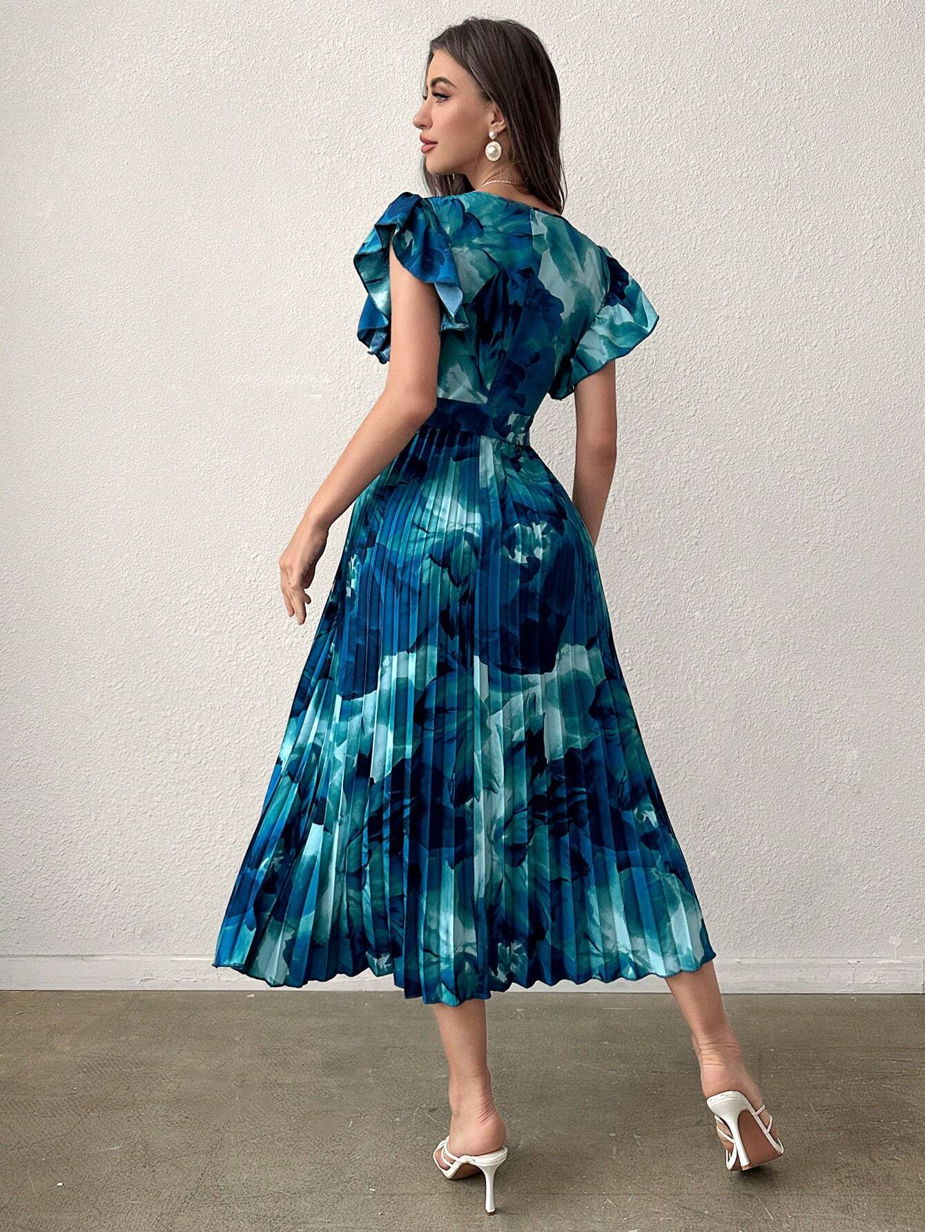  | SHEIN Modely Women's Summer Vacation Style Floral Print V-Neck Short Ruffle Sleeve Pleated Hem Maxi Dress | Dress | Shein | OneHub