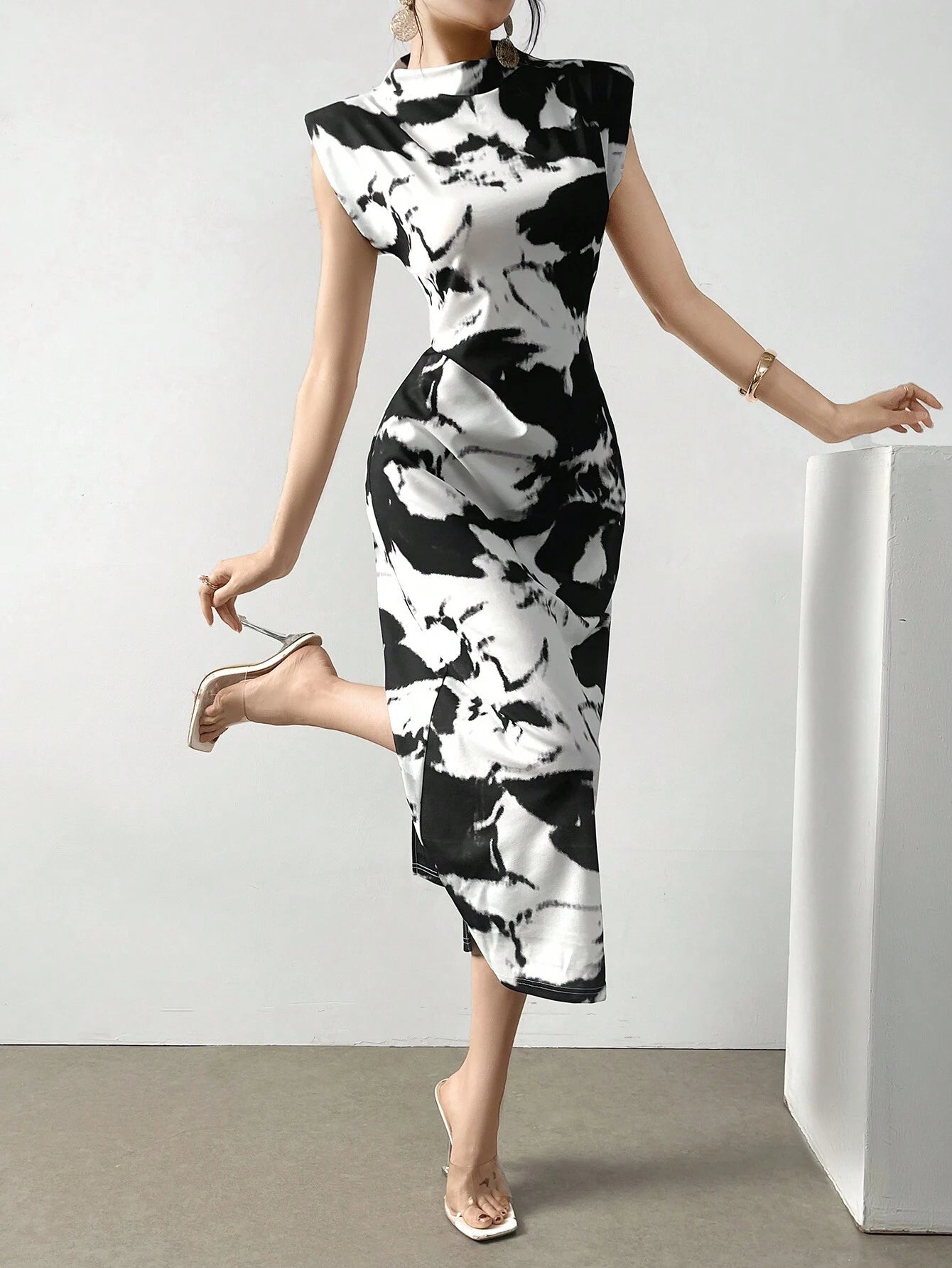  | SHEIN Modely Women's Tie-Dye Stand Collar Short Sleeve Dress With Pleats, Slim Fit And Elegant For Summer | Dress | Shein | OneHub