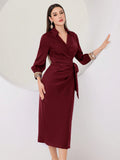 SHEIN Modely Women's V-Neck Ribbon Pleated Long Sleeve Party Dress