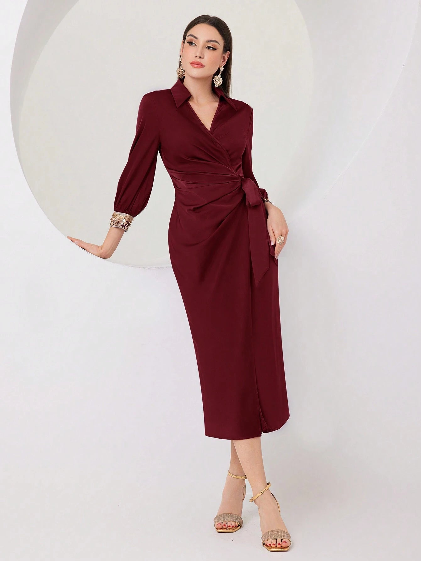  | SHEIN Modely Women's V-Neck Ribbon Pleated Long Sleeve Party Dress | Dress | Shein | OneHub