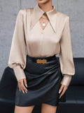 SHEIN Modichic Solid Color Long-sleeved Shirt With Hollow Button Placket On The Front
