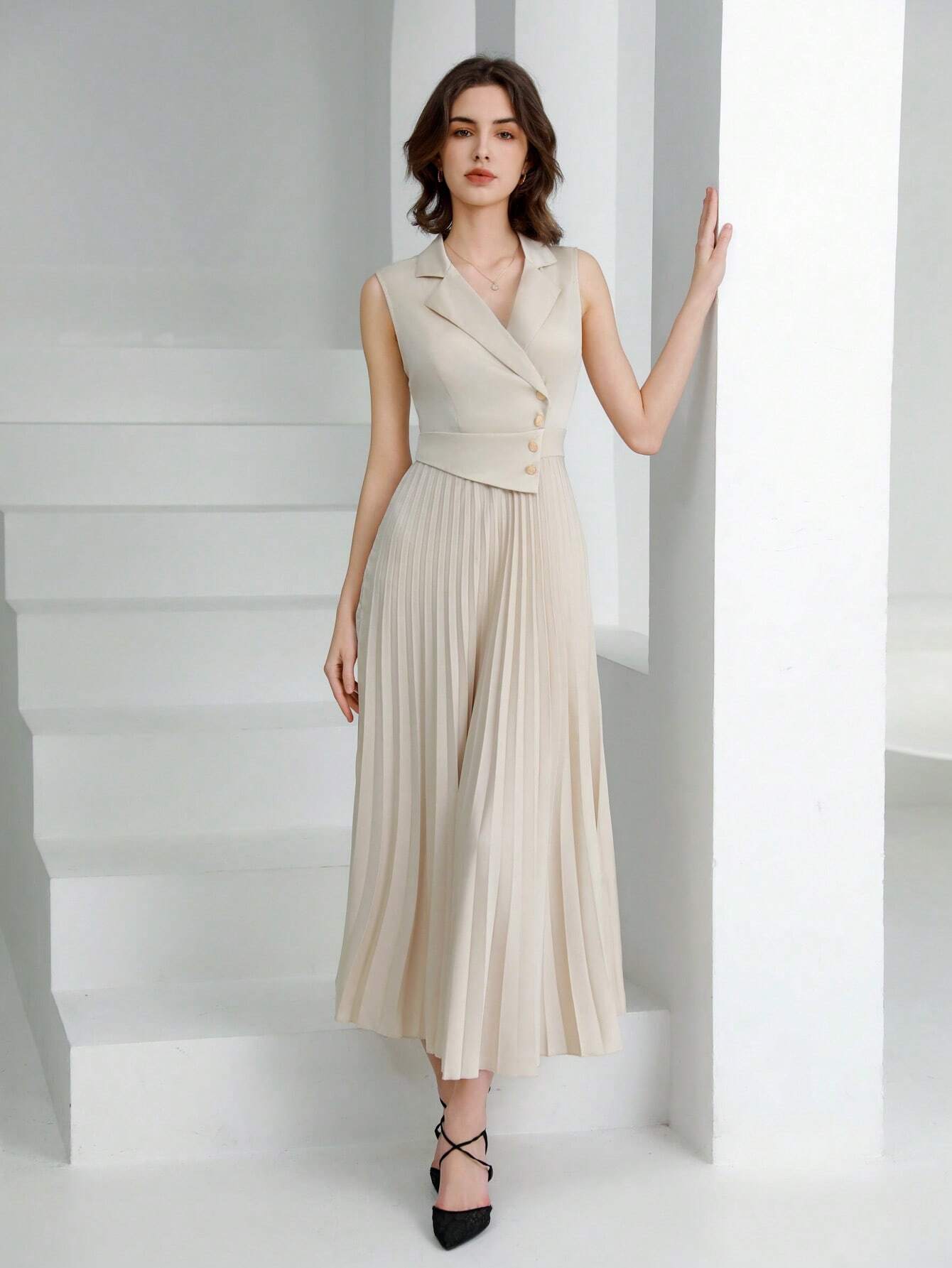  | SHEIN Modichic Women Business Style Plain Color Sleeveless Lapel Button Pleated Dress | Dress | Shein | OneHub