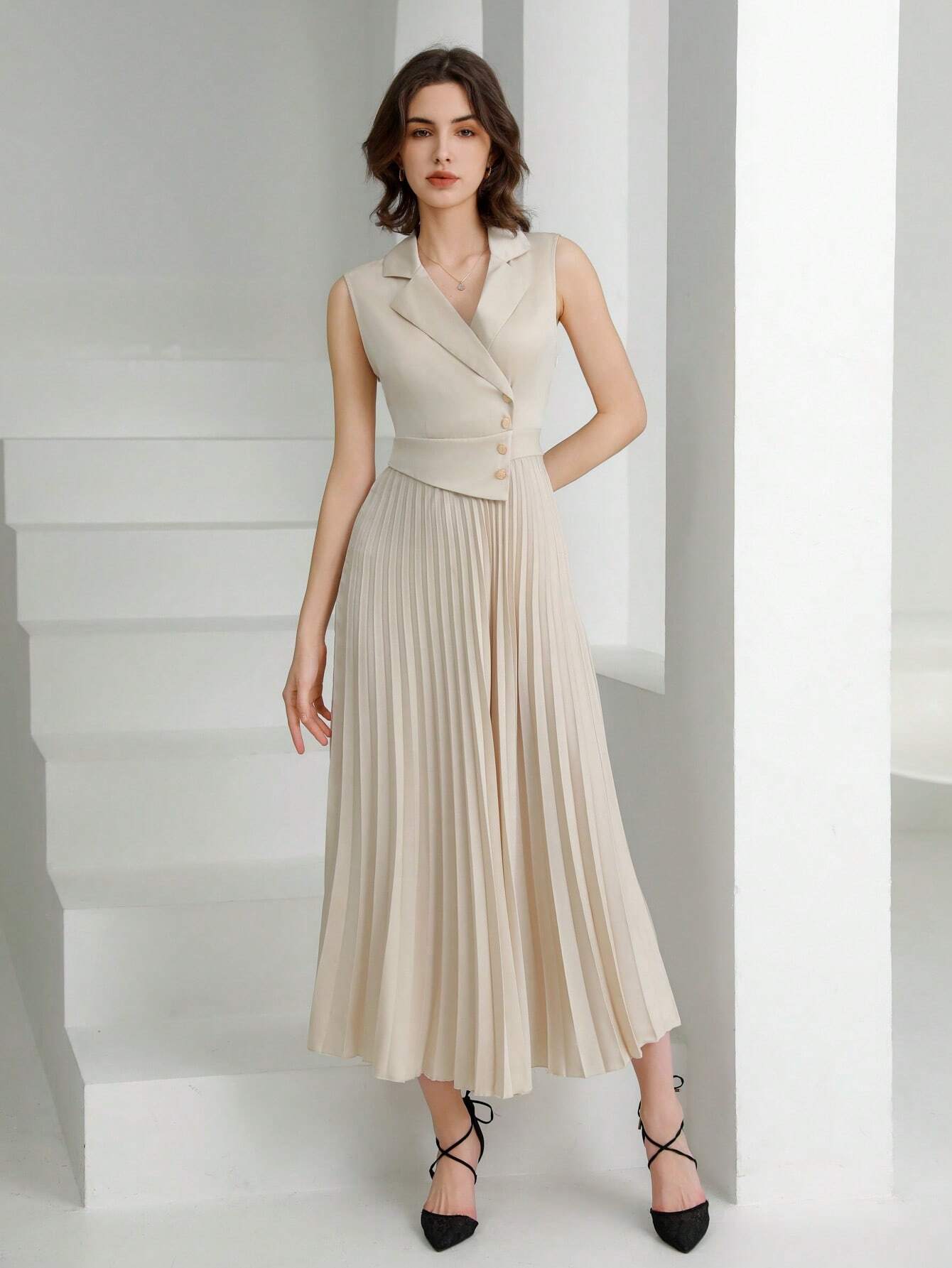  | SHEIN Modichic Women Business Style Plain Color Sleeveless Lapel Button Pleated Dress | Dress | Shein | OneHub