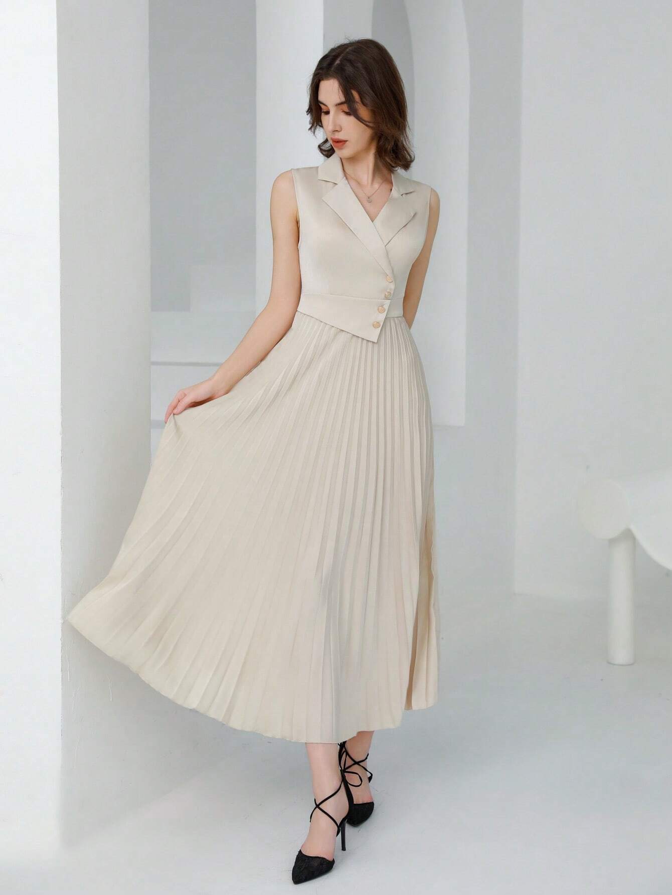  | SHEIN Modichic Women Business Style Plain Color Sleeveless Lapel Button Pleated Dress | Dress | Shein | OneHub