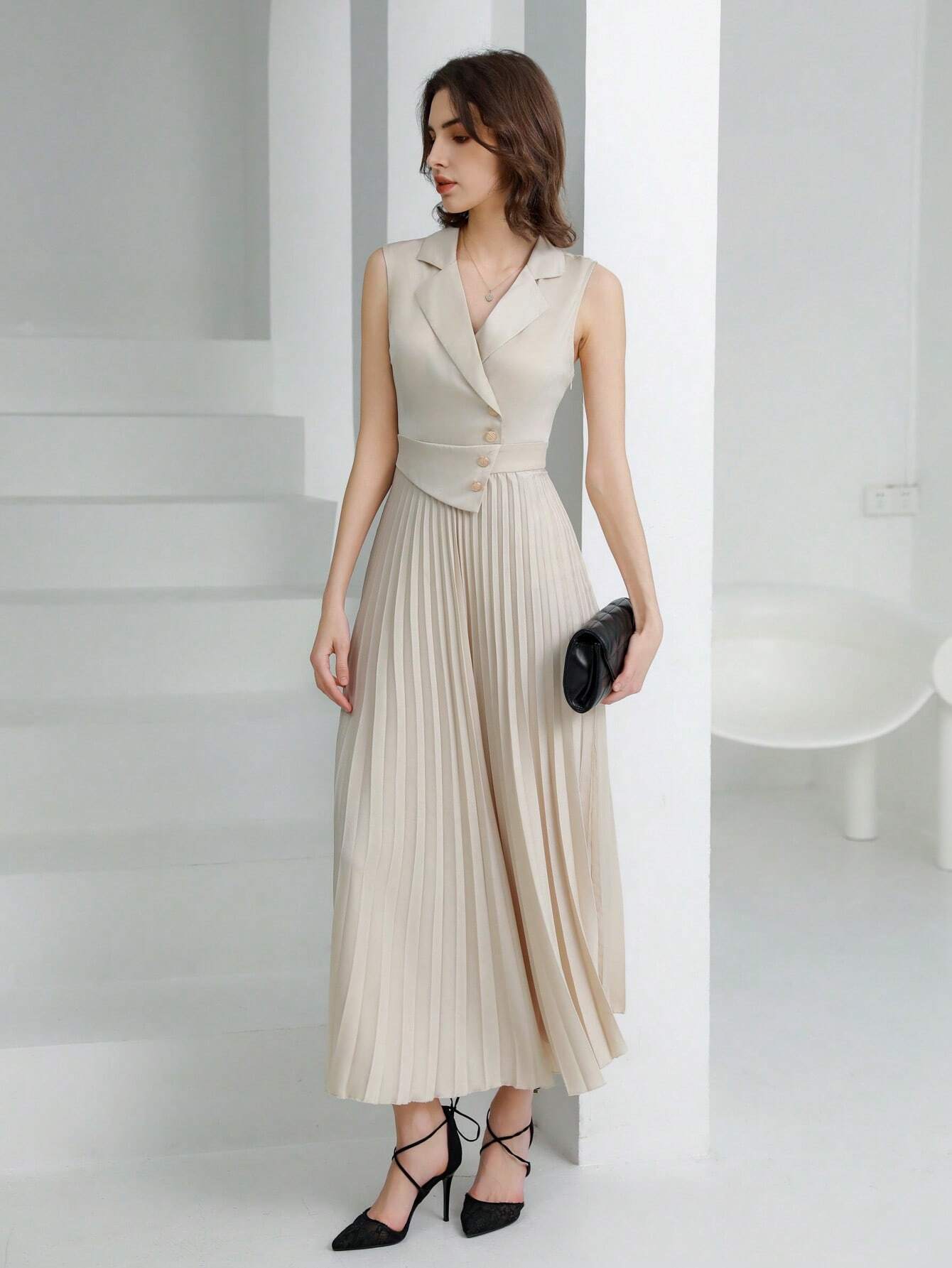  | SHEIN Modichic Women Business Style Plain Color Sleeveless Lapel Button Pleated Dress | Dress | Shein | OneHub