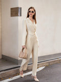 SHEIN Modichic Women's Elegant Commuter All-Match Lapel Metal Button Cinched Waist Long Sleeve Jumpsuit