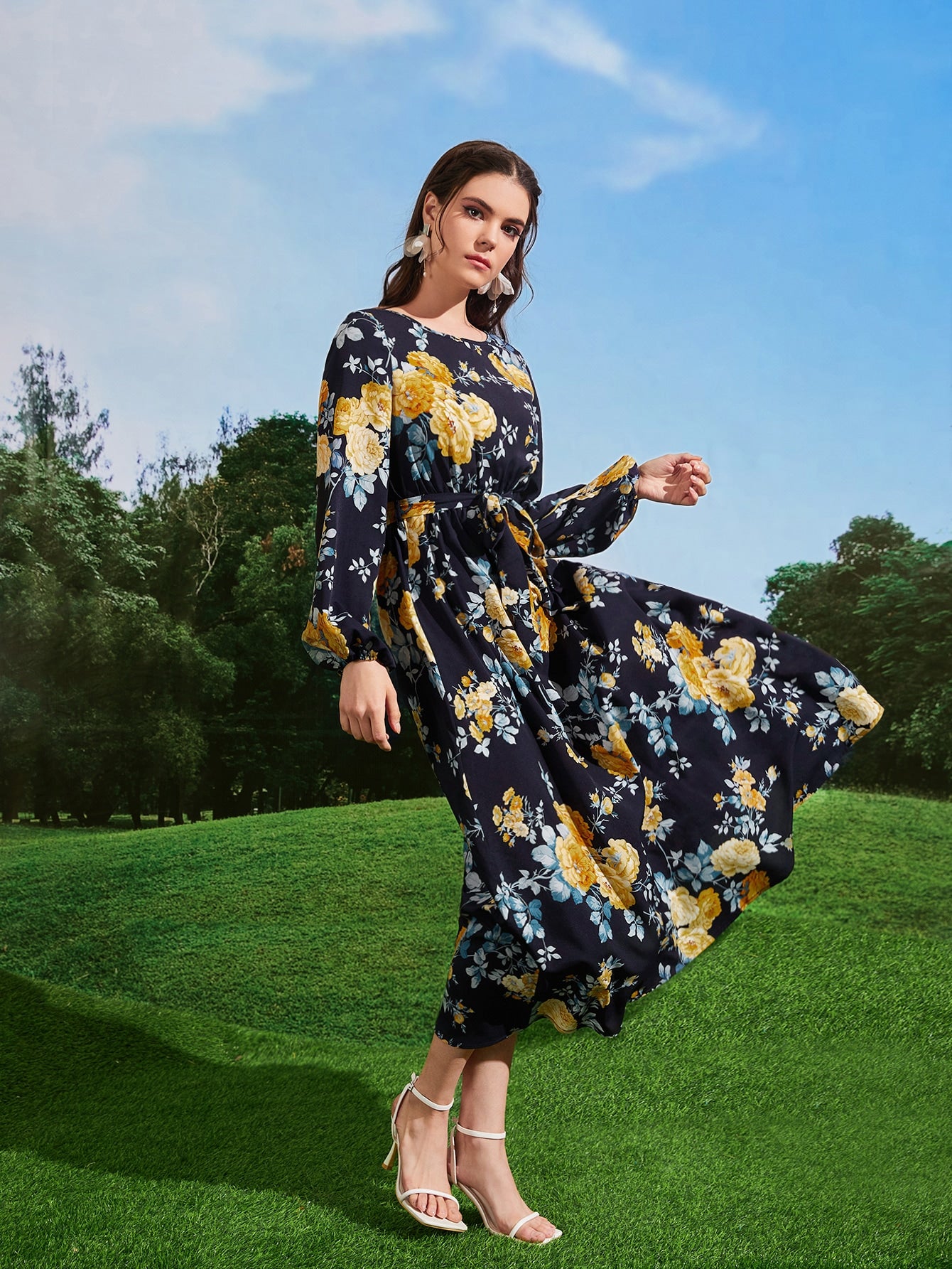 SHEIN Mulvari Floral Print Lantern Sleeve Belted Dress | Dress | OneHub SHEIN Mulvari Floral Print Lantern Sleeve Belted Dress | Dress | OneHub