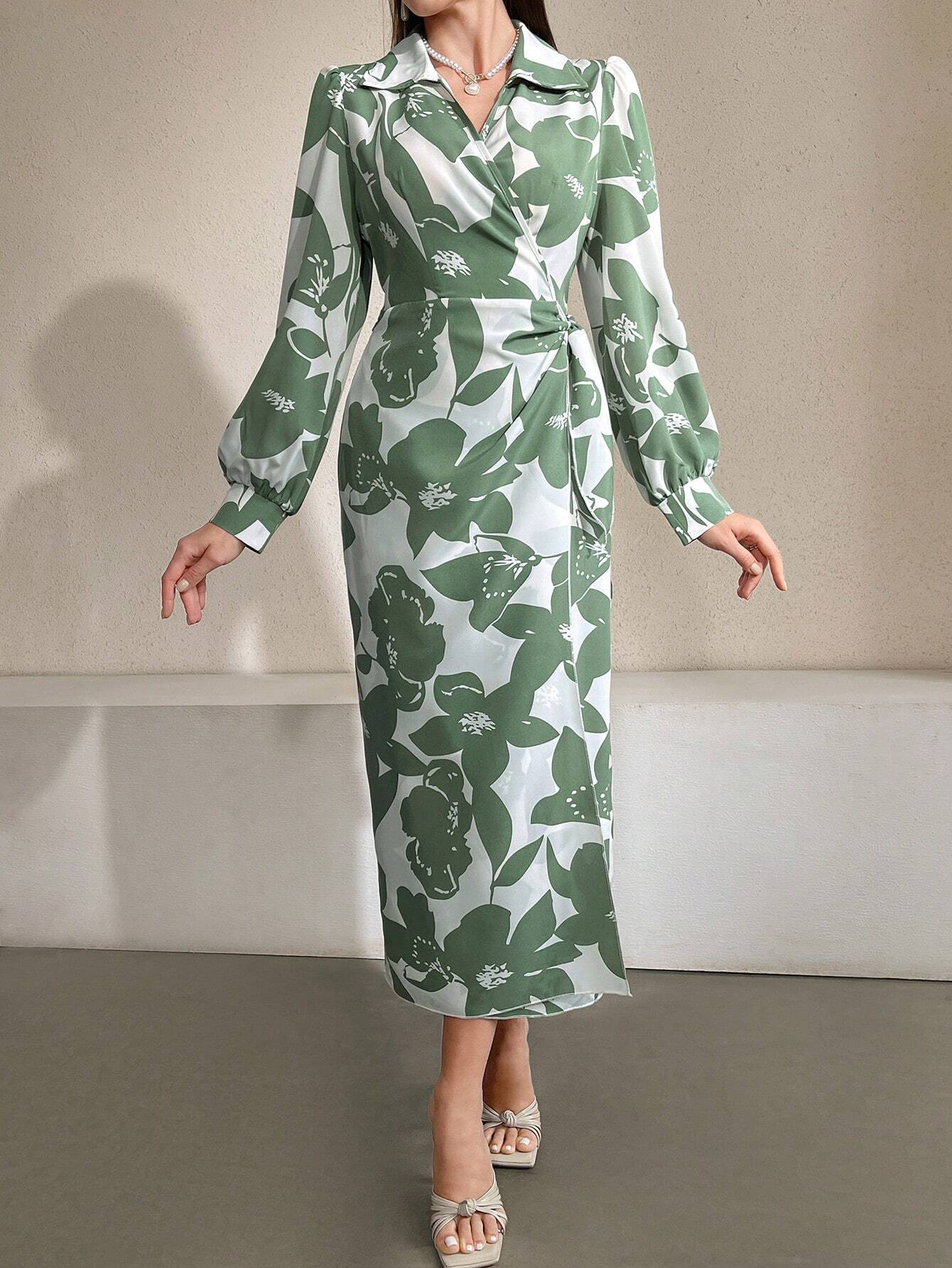 wrap dress shein SHEIN Mulvari Floral Printed V-Neck Wrap Style Fitted Dress | Dress