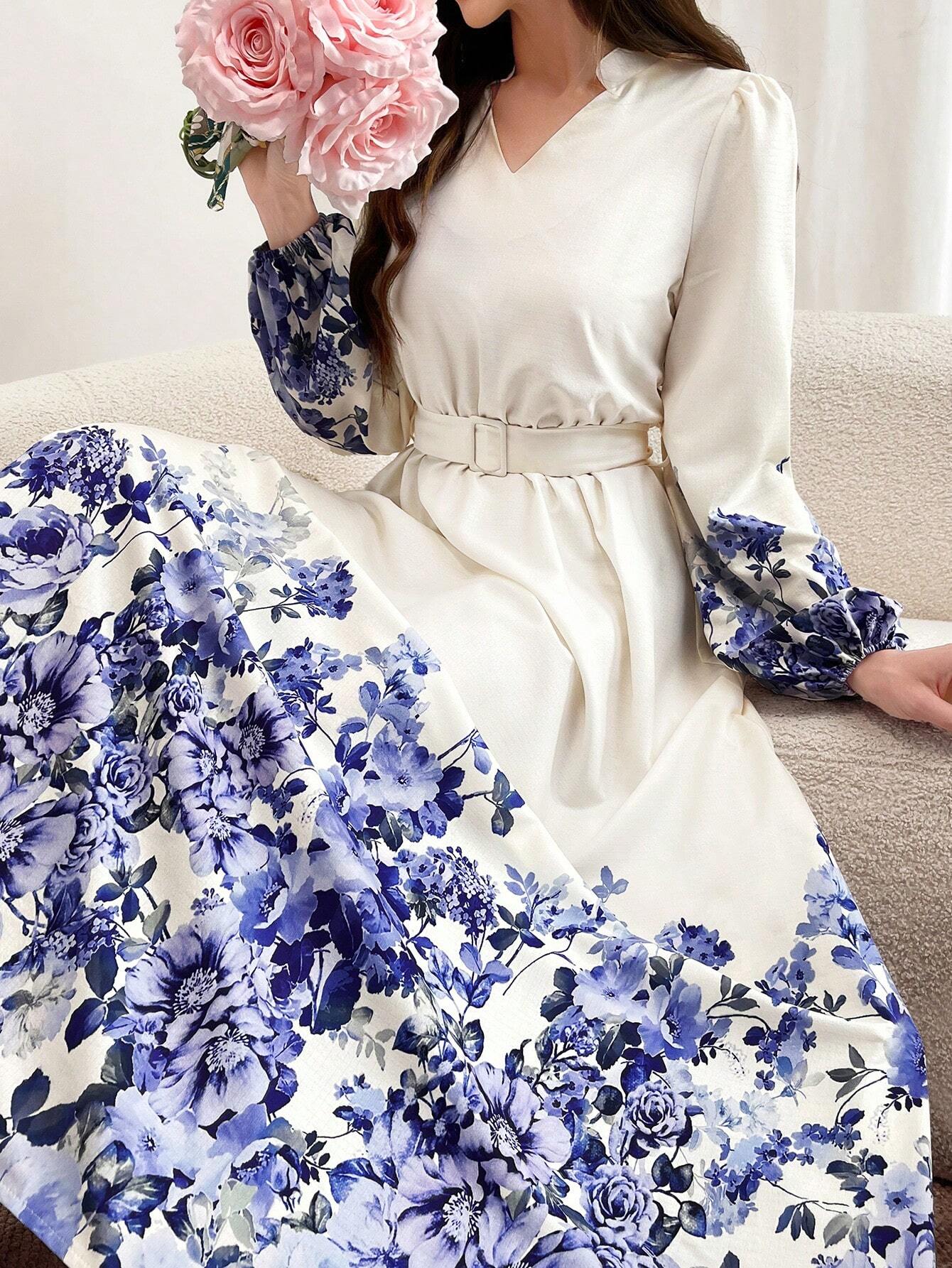  | SHEIN Mulvari Notch Neck Belted Long Sleeve Modest Dress With Floral Print | Dress | Shein | OneHub