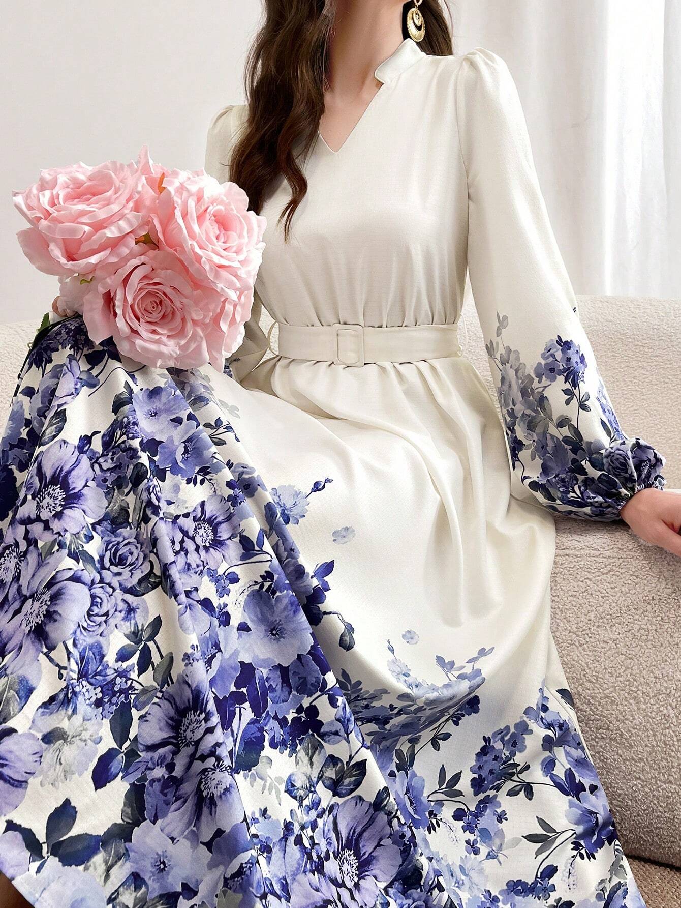  | SHEIN Mulvari Notch Neck Belted Long Sleeve Modest Dress With Floral Print | Dress | Shein | OneHub